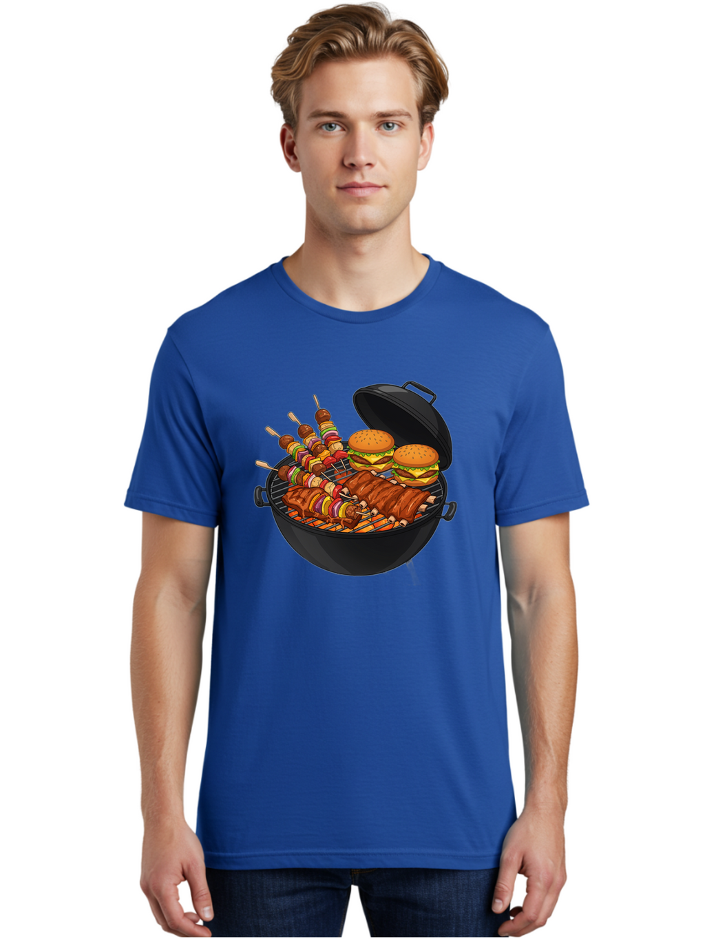 Bbq-Grilling Men'S Graphic Tee, 100% Cotton, Comfortable Casual Summer Wear, Machine Washable, Barbecue Grill, Grilled Food, Skewers, Hamburgers, Barbecue Ribs, Summer Cooking, Outdoor Dining, Grilled Cuisine, Barbecue Party, Savory Delights Bab674