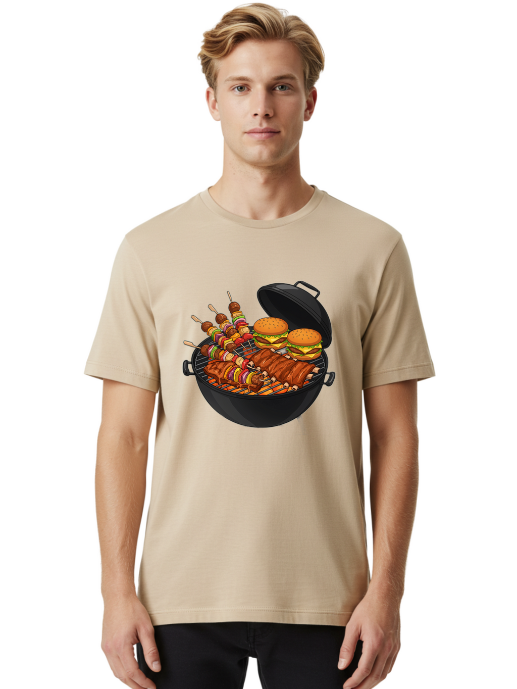 Bbq-Grilling Men'S Graphic Tee, 100% Cotton, Comfortable Casual Summer Wear, Machine Washable, Barbecue Grill, Grilled Food, Skewers, Hamburgers, Barbecue Ribs, Summer Cooking, Outdoor Dining, Grilled Cuisine, Barbecue Party, Savory Delights Bab674