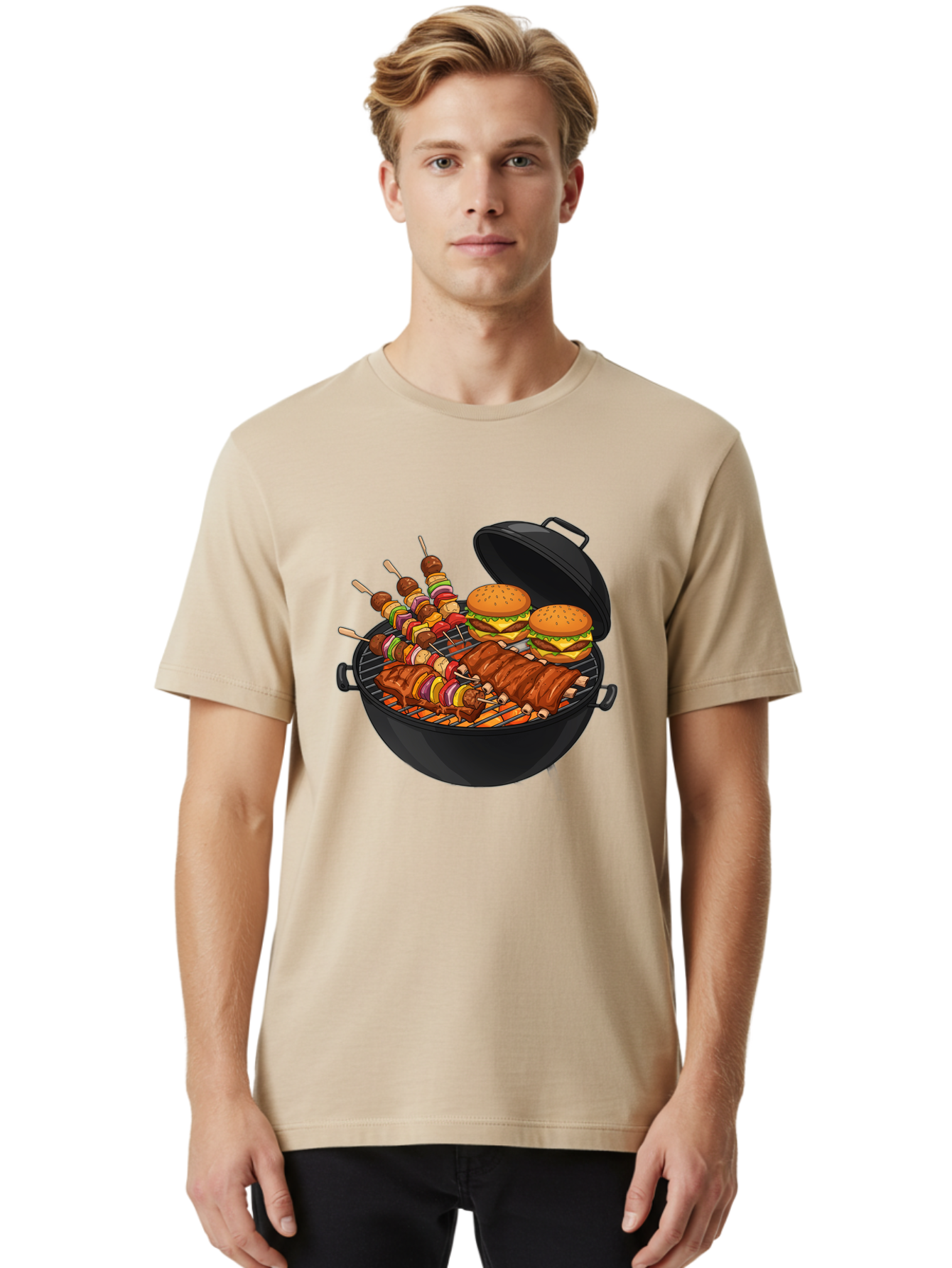 Bbq-Grilling Men'S Graphic Tee, 100% Cotton, Comfortable Casual Summer Wear, Machine Washable, Barbecue Grill, Grilled Food, Skewers, Hamburgers, Barbecue Ribs, Summer Cooking, Outdoor Dining, Grilled Cuisine, Barbecue Party, Savory Delights Bab674