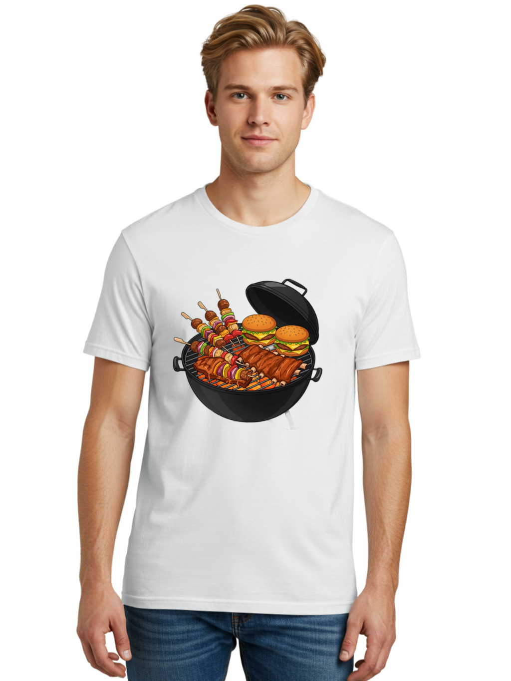 Bbq-Grilling Men'S Graphic Tee, 100% Cotton, Comfortable Casual Summer Wear, Machine Washable, Barbecue Grill, Grilled Food, Skewers, Hamburgers, Barbecue Ribs, Summer Cooking, Outdoor Dining, Grilled Cuisine, Barbecue Party, Savory Delights Bab674