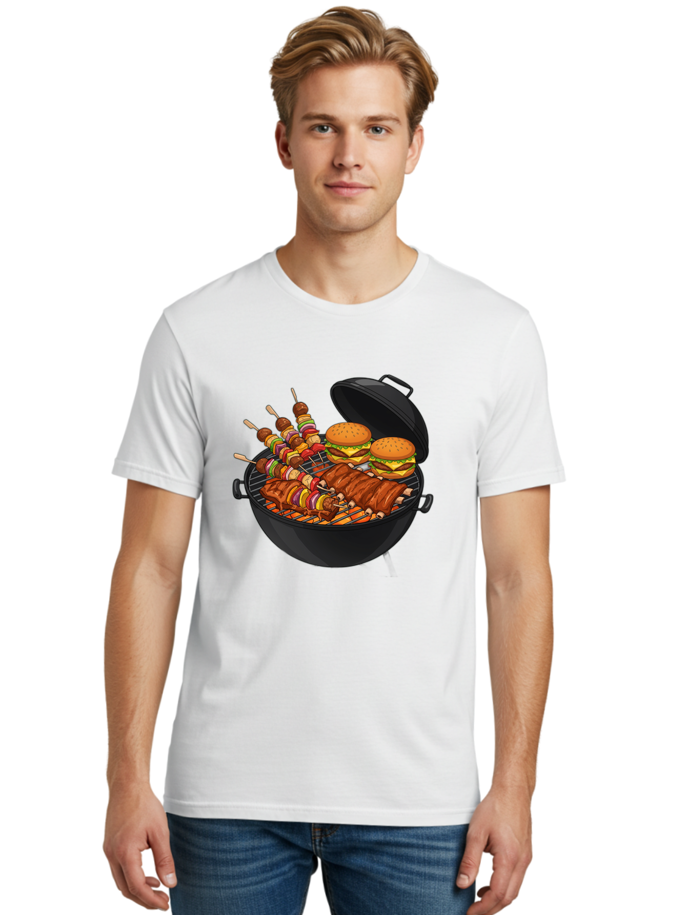 Bbq-Grilling Men'S Graphic Tee, 100% Cotton, Comfortable Casual Summer Wear, Machine Washable, Barbecue Grill, Grilled Food, Skewers, Hamburgers, Barbecue Ribs, Summer Cooking, Outdoor Dining, Grilled Cuisine, Barbecue Party, Savory Delights Bab674