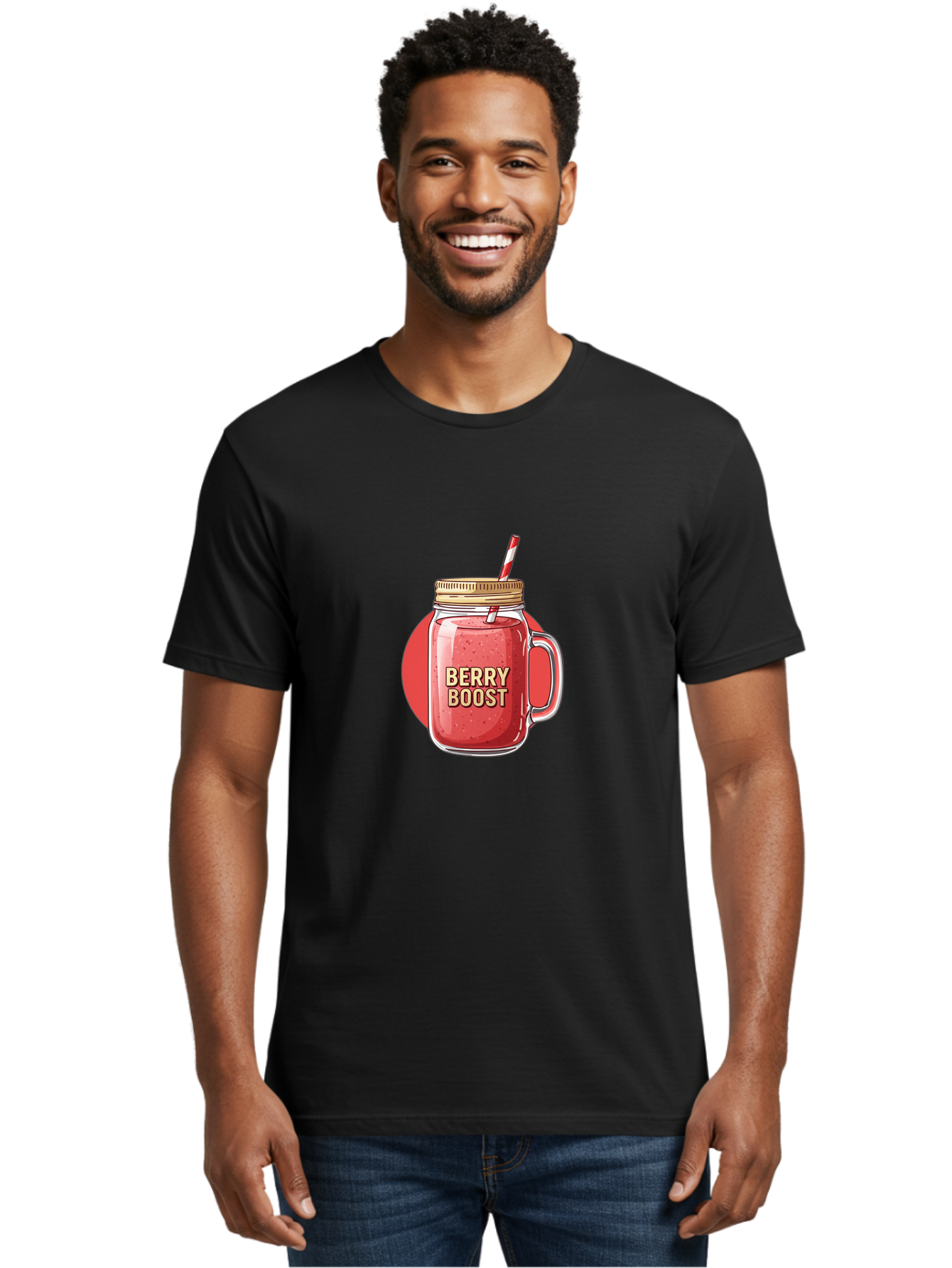 Berry-Boost Men'S Graphic Tee, 100% Cotton, Comfortable Casual Summer Wear, Machine Washable, Berry Smoothie, Blended Drink, Healthy Beverage, Mason Jar, Straw, Refreshing, Fruit Boost, Wellness, Nutrition, Healthy Lifestyle Bab675