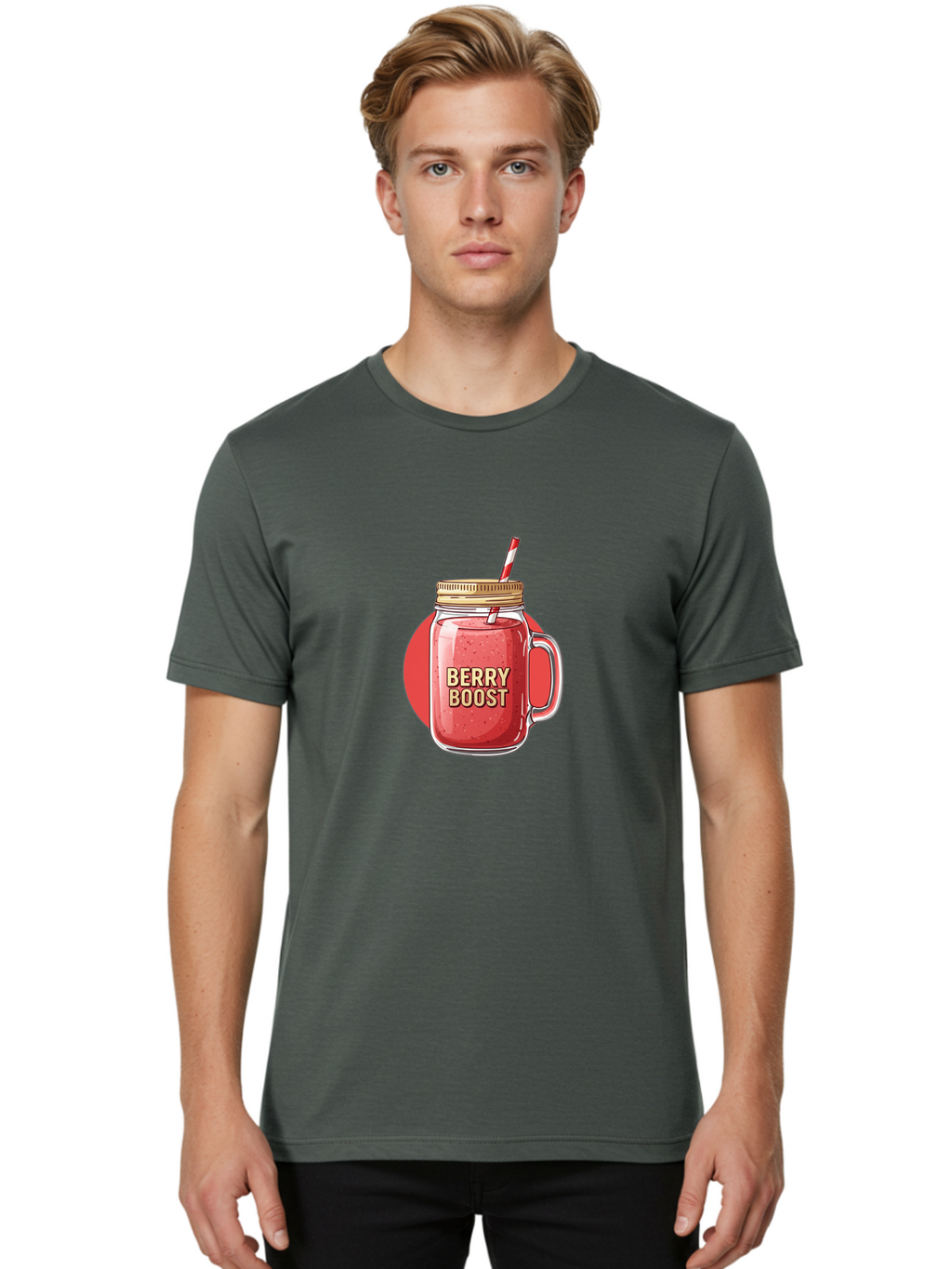 Berry-Boost Men'S Graphic Tee, 100% Cotton, Comfortable Casual Summer Wear, Machine Washable, Berry Smoothie, Blended Drink, Healthy Beverage, Mason Jar, Straw, Refreshing, Fruit Boost, Wellness, Nutrition, Healthy Lifestyle Bab675