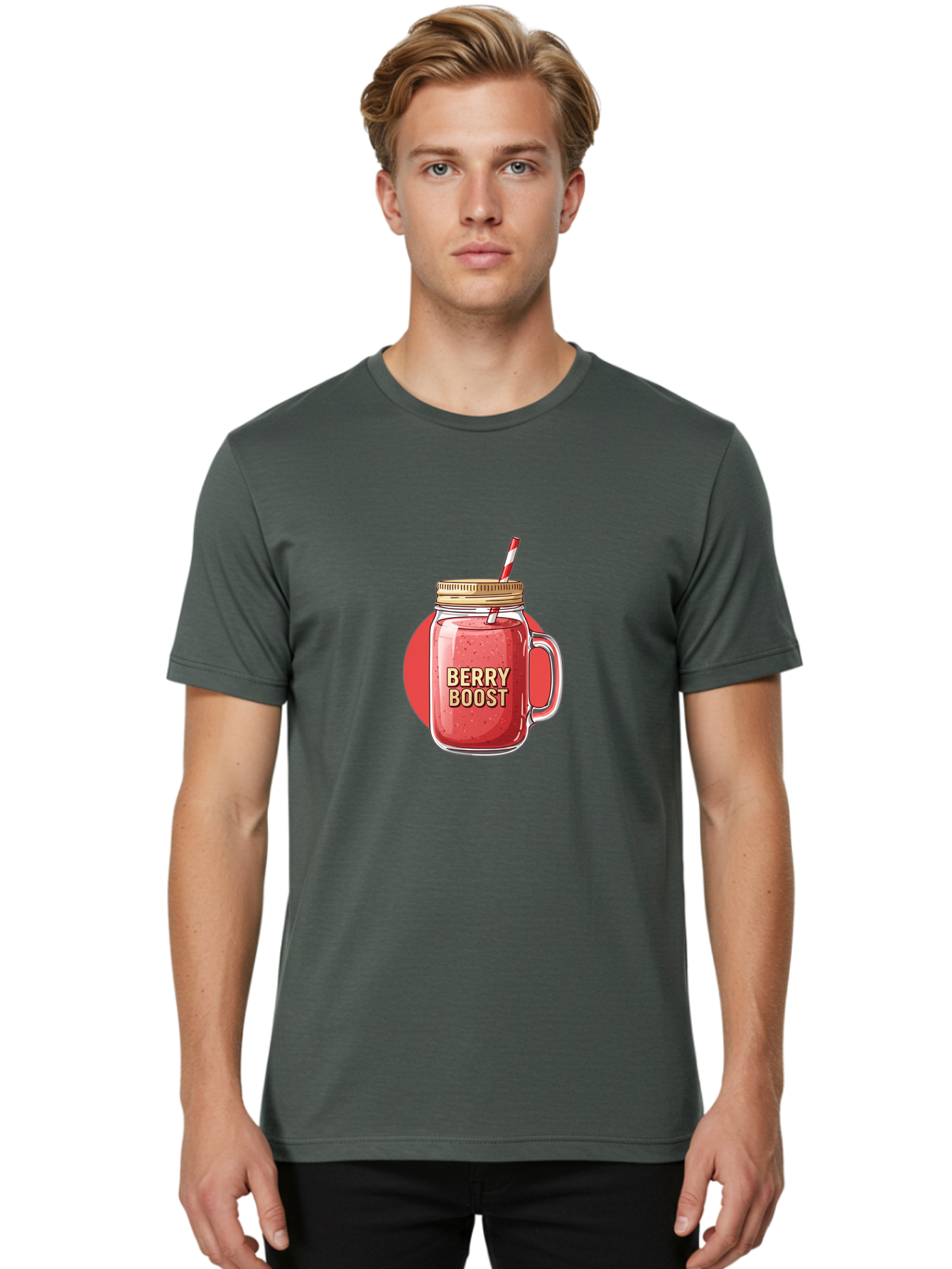 Berry-Boost Men'S Graphic Tee, 100% Cotton, Comfortable Casual Summer Wear, Machine Washable, Berry Smoothie, Blended Drink, Healthy Beverage, Mason Jar, Straw, Refreshing, Fruit Boost, Wellness, Nutrition, Healthy Lifestyle Bab675
