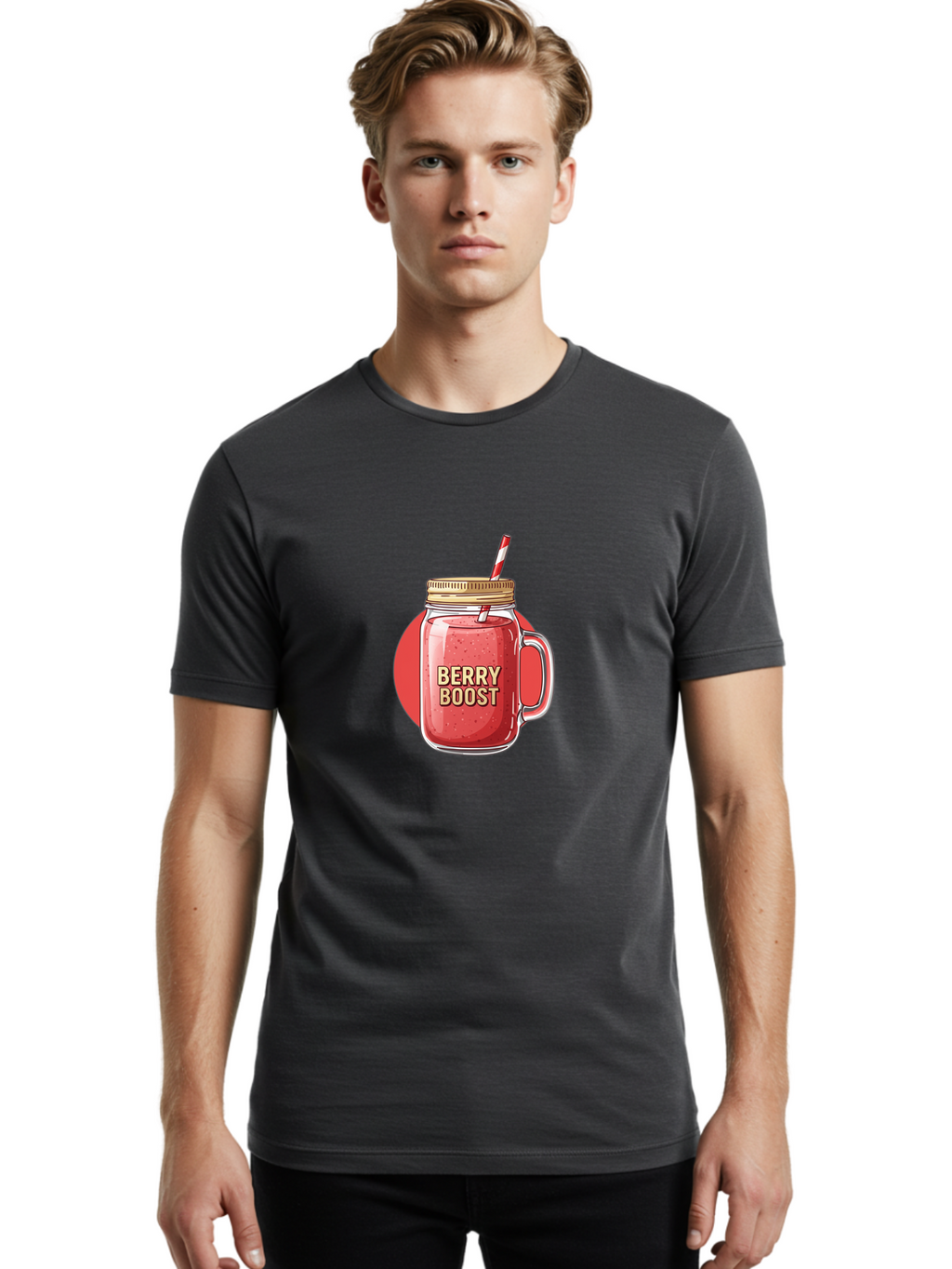 Berry-Boost Men'S Graphic Tee, 100% Cotton, Comfortable Casual Summer Wear, Machine Washable, Berry Smoothie, Blended Drink, Healthy Beverage, Mason Jar, Straw, Refreshing, Fruit Boost, Wellness, Nutrition, Healthy Lifestyle Bab675