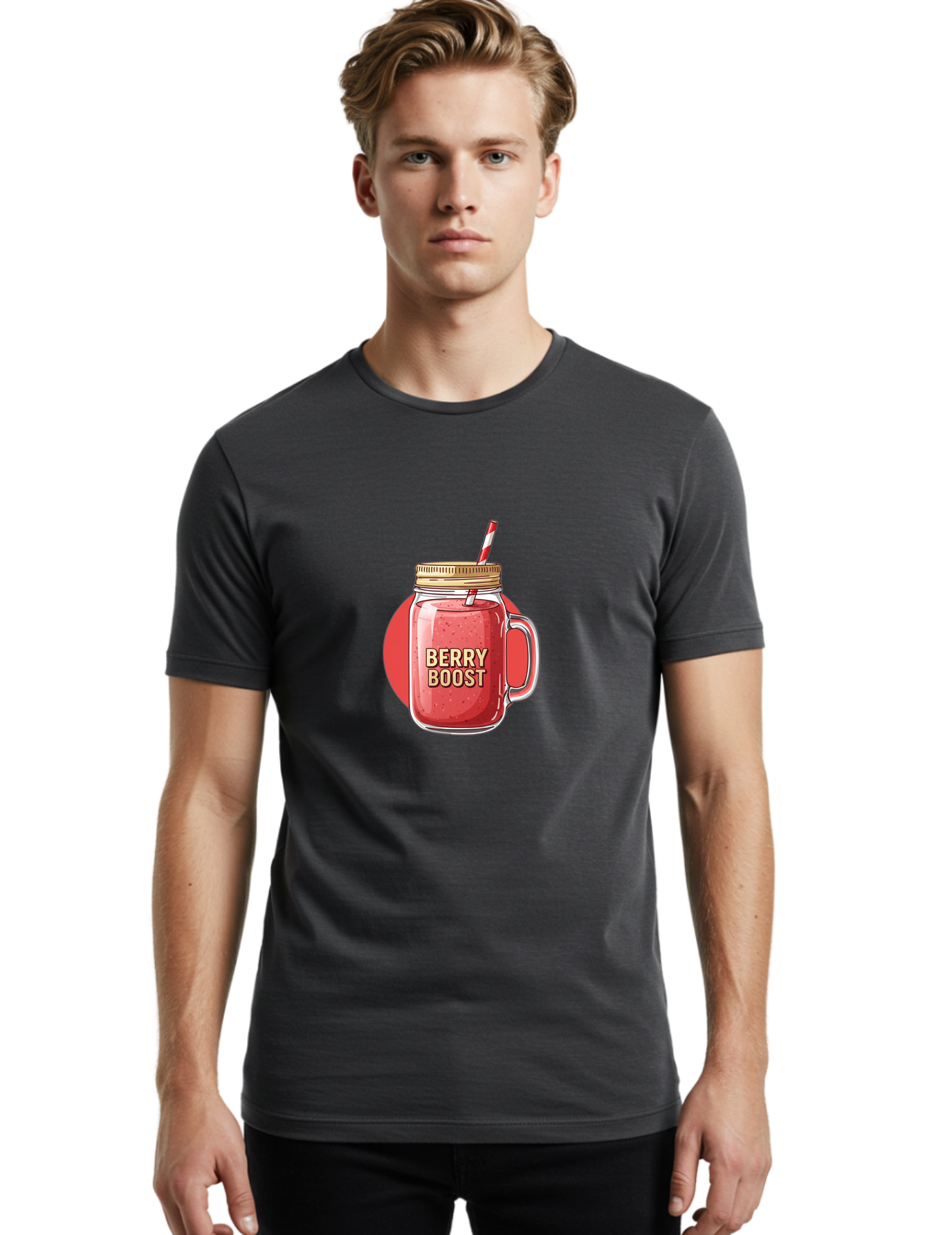 Berry-Boost Men'S Graphic Tee, 100% Cotton, Comfortable Casual Summer Wear, Machine Washable, Berry Smoothie, Blended Drink, Healthy Beverage, Mason Jar, Straw, Refreshing, Fruit Boost, Wellness, Nutrition, Healthy Lifestyle Bab675