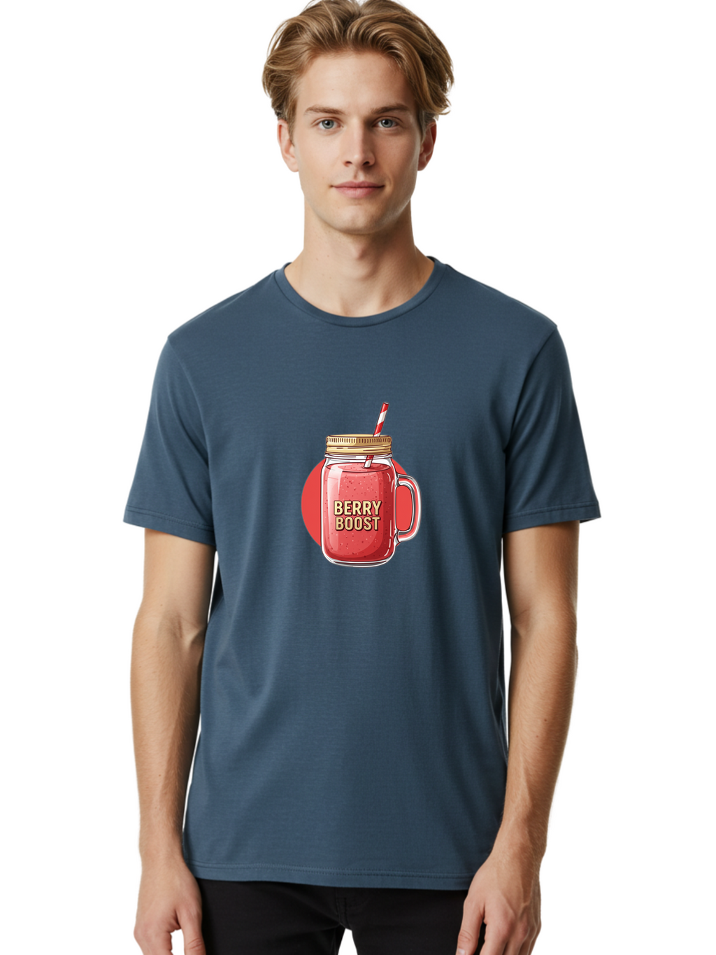 Berry-Boost Men'S Graphic Tee, 100% Cotton, Comfortable Casual Summer Wear, Machine Washable, Berry Smoothie, Blended Drink, Healthy Beverage, Mason Jar, Straw, Refreshing, Fruit Boost, Wellness, Nutrition, Healthy Lifestyle Bab675