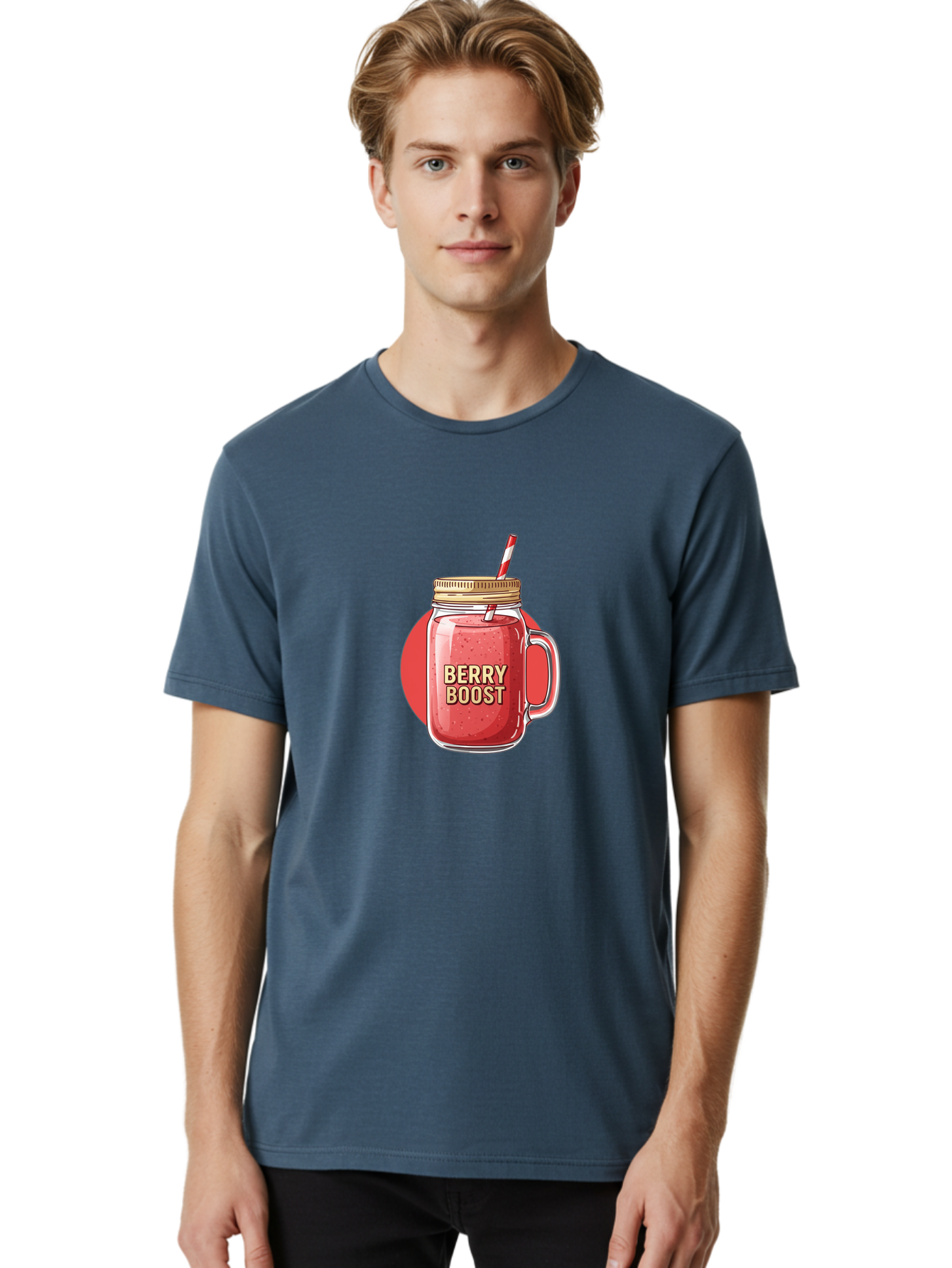 Berry-Boost Men'S Graphic Tee, 100% Cotton, Comfortable Casual Summer Wear, Machine Washable, Berry Smoothie, Blended Drink, Healthy Beverage, Mason Jar, Straw, Refreshing, Fruit Boost, Wellness, Nutrition, Healthy Lifestyle Bab675