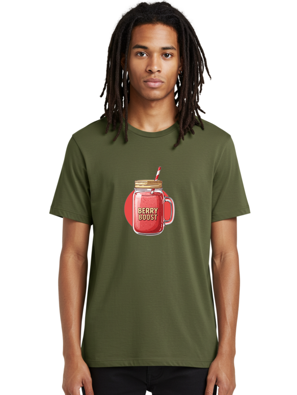 Berry-Boost Men'S Graphic Tee, 100% Cotton, Comfortable Casual Summer Wear, Machine Washable, Berry Smoothie, Blended Drink, Healthy Beverage, Mason Jar, Straw, Refreshing, Fruit Boost, Wellness, Nutrition, Healthy Lifestyle Bab675