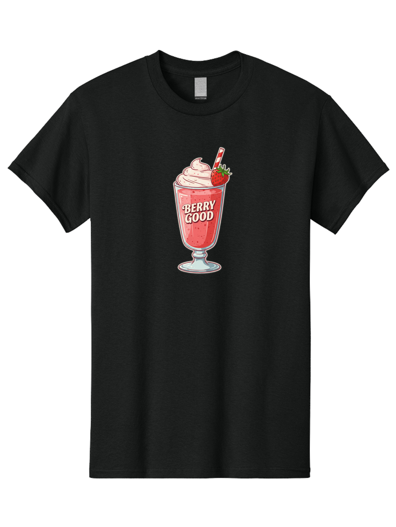 Berry-Good-1 Men'S Graphic Tee, 100% Cotton, Comfortable Casual Summer Wear, Machine Washable, Strawberry Milkshake, Whipped Cream Topping, Red And White Straw, Sweet Treat, Refreshing Drink, Strawberry Flavor, Dessert Illustration, Bab676