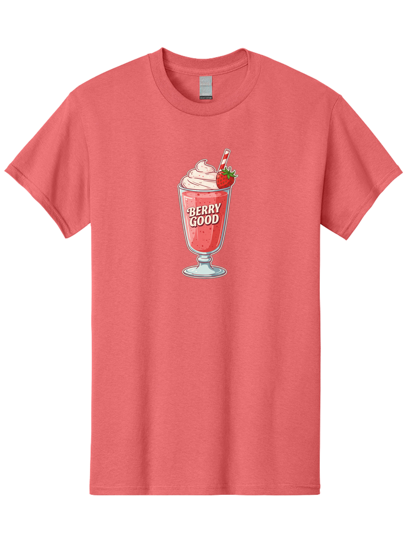 Berry-Good-1 Men'S Graphic Tee, 100% Cotton, Comfortable Casual Summer Wear, Machine Washable, Strawberry Milkshake, Whipped Cream Topping, Red And White Straw, Sweet Treat, Refreshing Drink, Strawberry Flavor, Dessert Illustration, Bab676