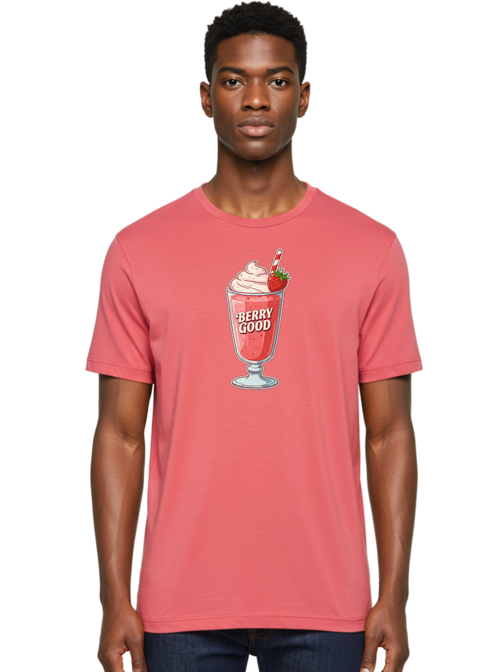 Berry-Good-1 Men'S Graphic Tee, 100% Cotton, Comfortable Casual Summer Wear, Machine Washable, Strawberry Milkshake, Whipped Cream Topping, Red And White Straw, Sweet Treat, Refreshing Drink, Strawberry Flavor, Dessert Illustration, Bab676