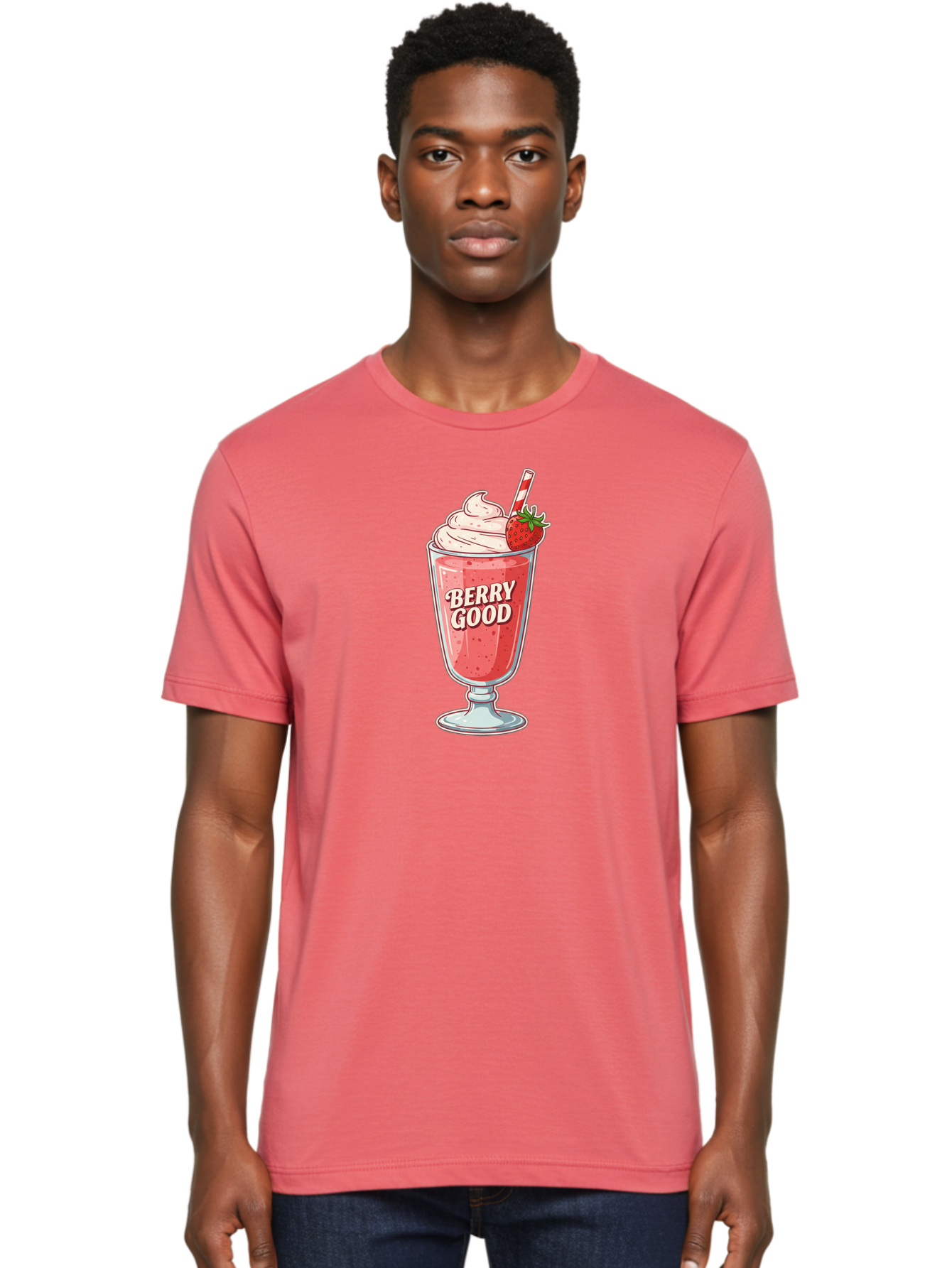 Berry-Good-1 Men'S Graphic Tee, 100% Cotton, Comfortable Casual Summer Wear, Machine Washable, Strawberry Milkshake, Whipped Cream Topping, Red And White Straw, Sweet Treat, Refreshing Drink, Strawberry Flavor, Dessert Illustration, Bab676