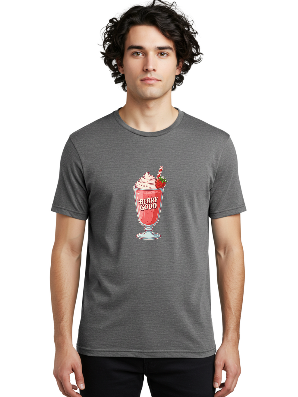 Berry-Good-1 Men'S Graphic Tee, 100% Cotton, Comfortable Casual Summer Wear, Machine Washable, Strawberry Milkshake, Whipped Cream Topping, Red And White Straw, Sweet Treat, Refreshing Drink, Strawberry Flavor, Dessert Illustration, Bab676