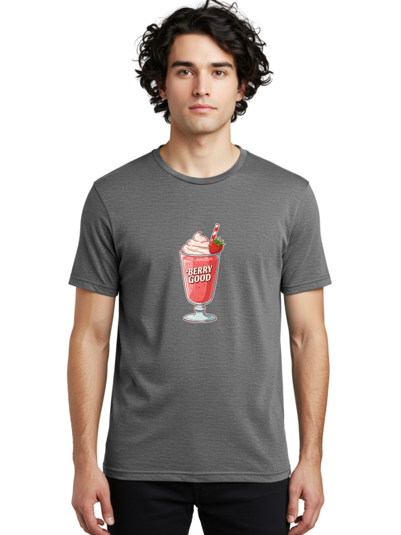 Berry-Good-1 Men'S Graphic Tee, 100% Cotton, Comfortable Casual Summer Wear, Machine Washable, Strawberry Milkshake, Whipped Cream Topping, Red And White Straw, Sweet Treat, Refreshing Drink, Strawberry Flavor, Dessert Illustration, Bab676