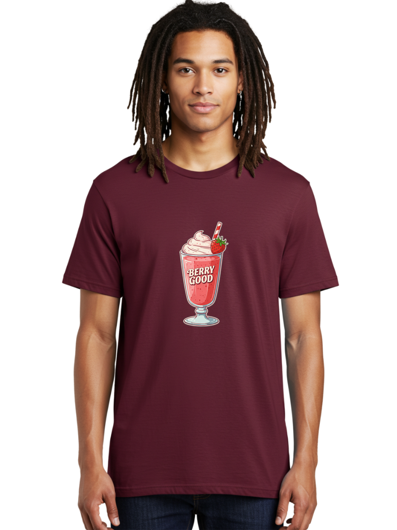 Berry-Good-1 Men'S Graphic Tee, 100% Cotton, Comfortable Casual Summer Wear, Machine Washable, Strawberry Milkshake, Whipped Cream Topping, Red And White Straw, Sweet Treat, Refreshing Drink, Strawberry Flavor, Dessert Illustration, Bab676