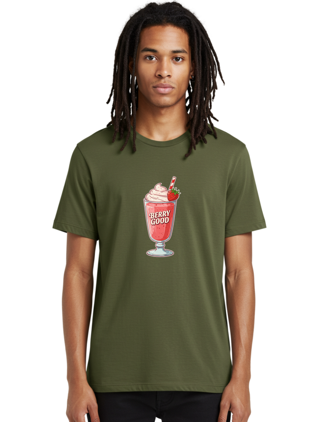 Berry-Good-1 Men'S Graphic Tee, 100% Cotton, Comfortable Casual Summer Wear, Machine Washable, Strawberry Milkshake, Whipped Cream Topping, Red And White Straw, Sweet Treat, Refreshing Drink, Strawberry Flavor, Dessert Illustration, Bab676
