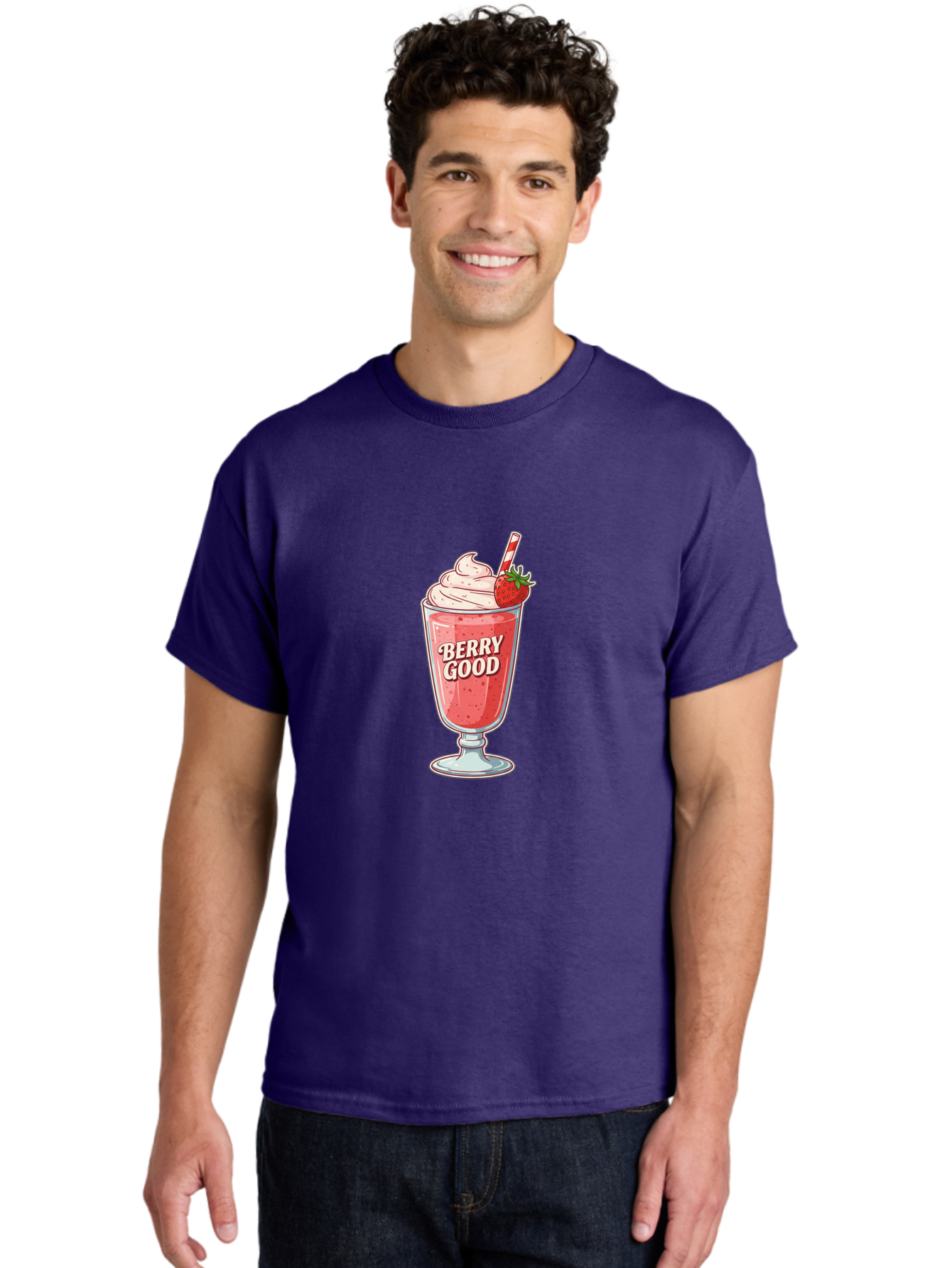 Berry-Good-1 Men'S Graphic Tee, 100% Cotton, Comfortable Casual Summer Wear, Machine Washable, Strawberry Milkshake, Whipped Cream Topping, Red And White Straw, Sweet Treat, Refreshing Drink, Strawberry Flavor, Dessert Illustration, Bab676