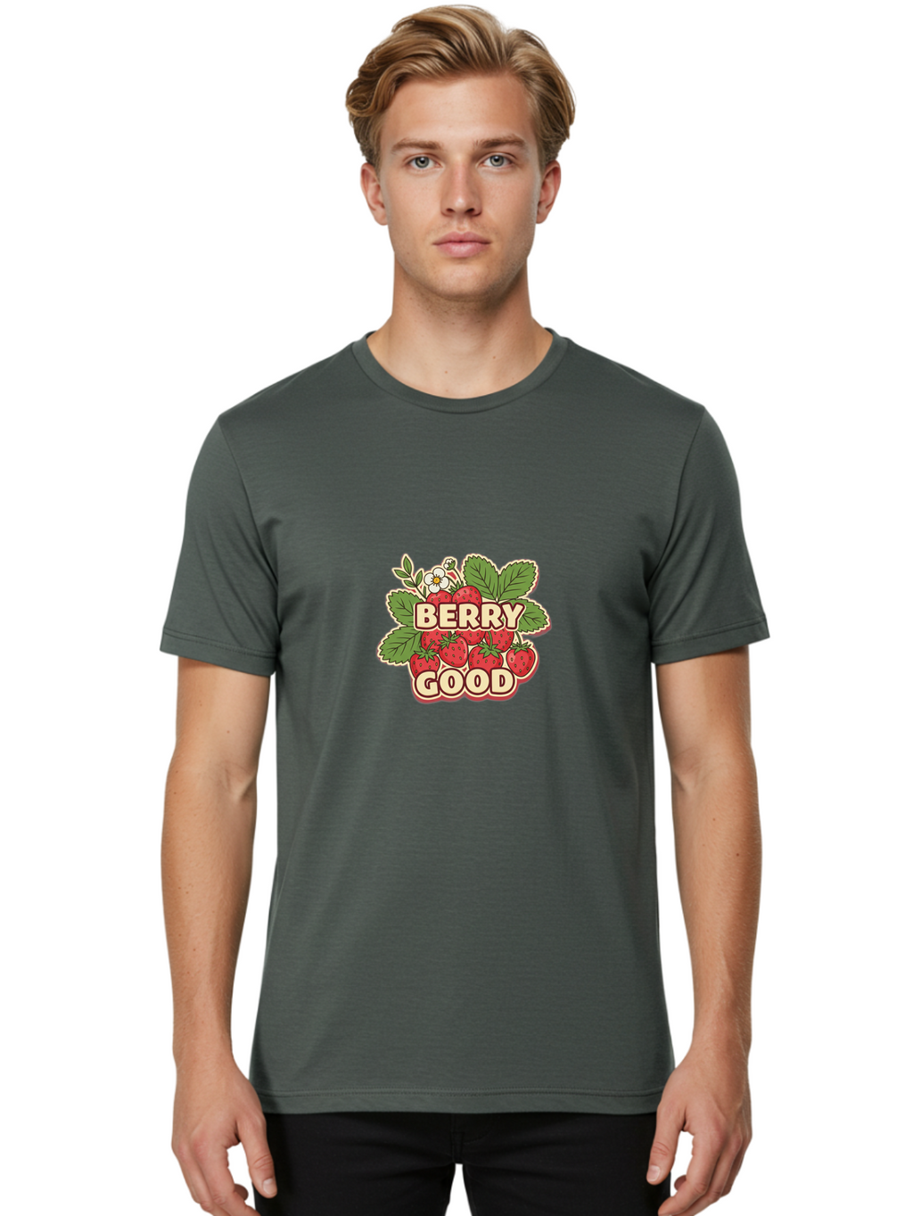 Berry-Good Men'S Graphic Tee, 100% Cotton, Comfortable Casual Summer Wear, Machine Washable, Strawberries, Fresh Fruit, Summer Vibes, Healthy Snack, Sweet Treats, Cartoon Illustration, Green Leaves, White Flowers, Bold Typography, Retro Style Bab677