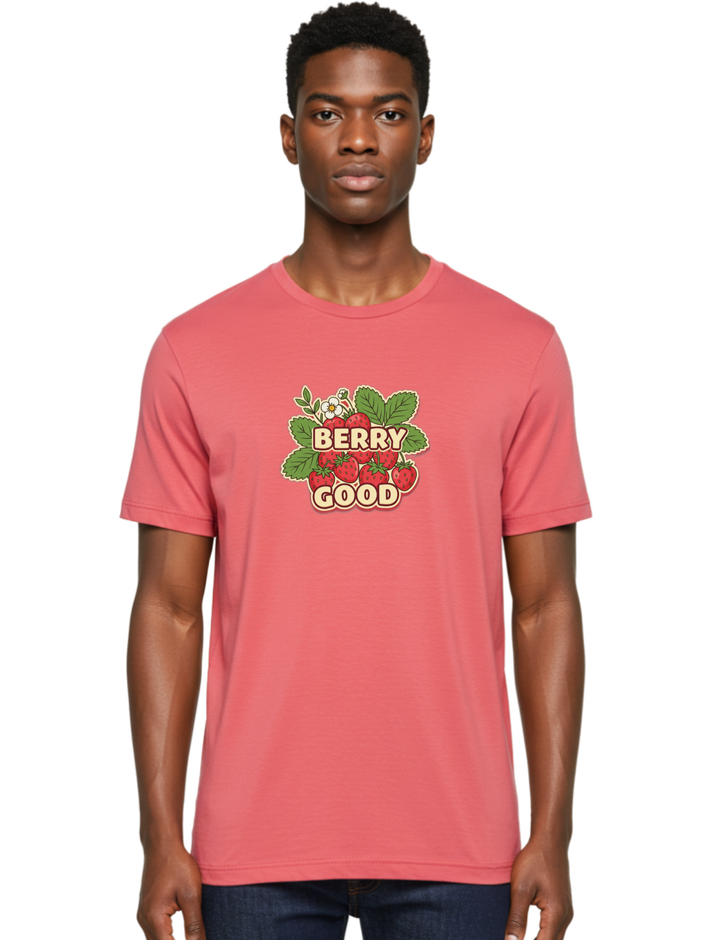 Berry-Good Men'S Graphic Tee, 100% Cotton, Comfortable Casual Summer Wear, Machine Washable, Strawberries, Fresh Fruit, Summer Vibes, Healthy Snack, Sweet Treats, Cartoon Illustration, Green Leaves, White Flowers, Bold Typography, Retro Style Bab677
