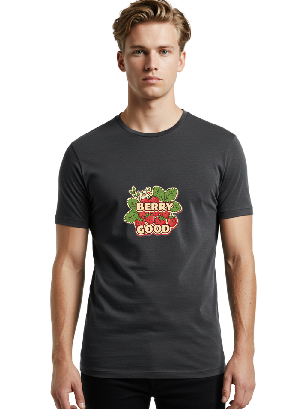 Berry-Good Men'S Graphic Tee, 100% Cotton, Comfortable Casual Summer Wear, Machine Washable, Strawberries, Fresh Fruit, Summer Vibes, Healthy Snack, Sweet Treats, Cartoon Illustration, Green Leaves, White Flowers, Bold Typography, Retro Style Bab677