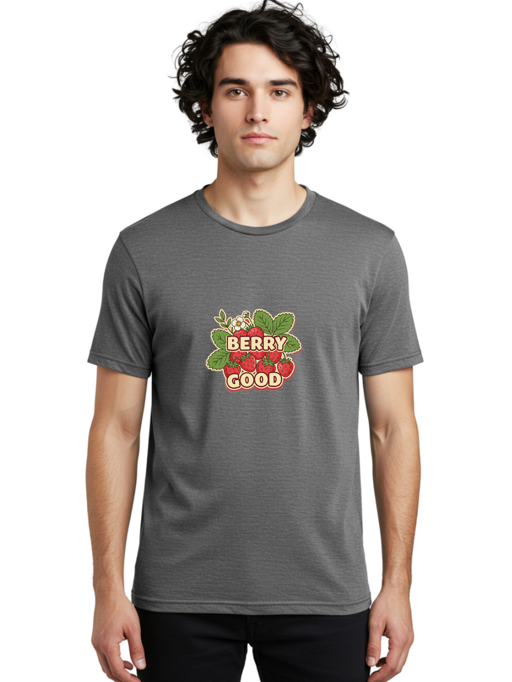 Berry-Good Men'S Graphic Tee, 100% Cotton, Comfortable Casual Summer Wear, Machine Washable, Strawberries, Fresh Fruit, Summer Vibes, Healthy Snack, Sweet Treats, Cartoon Illustration, Green Leaves, White Flowers, Bold Typography, Retro Style Bab677
