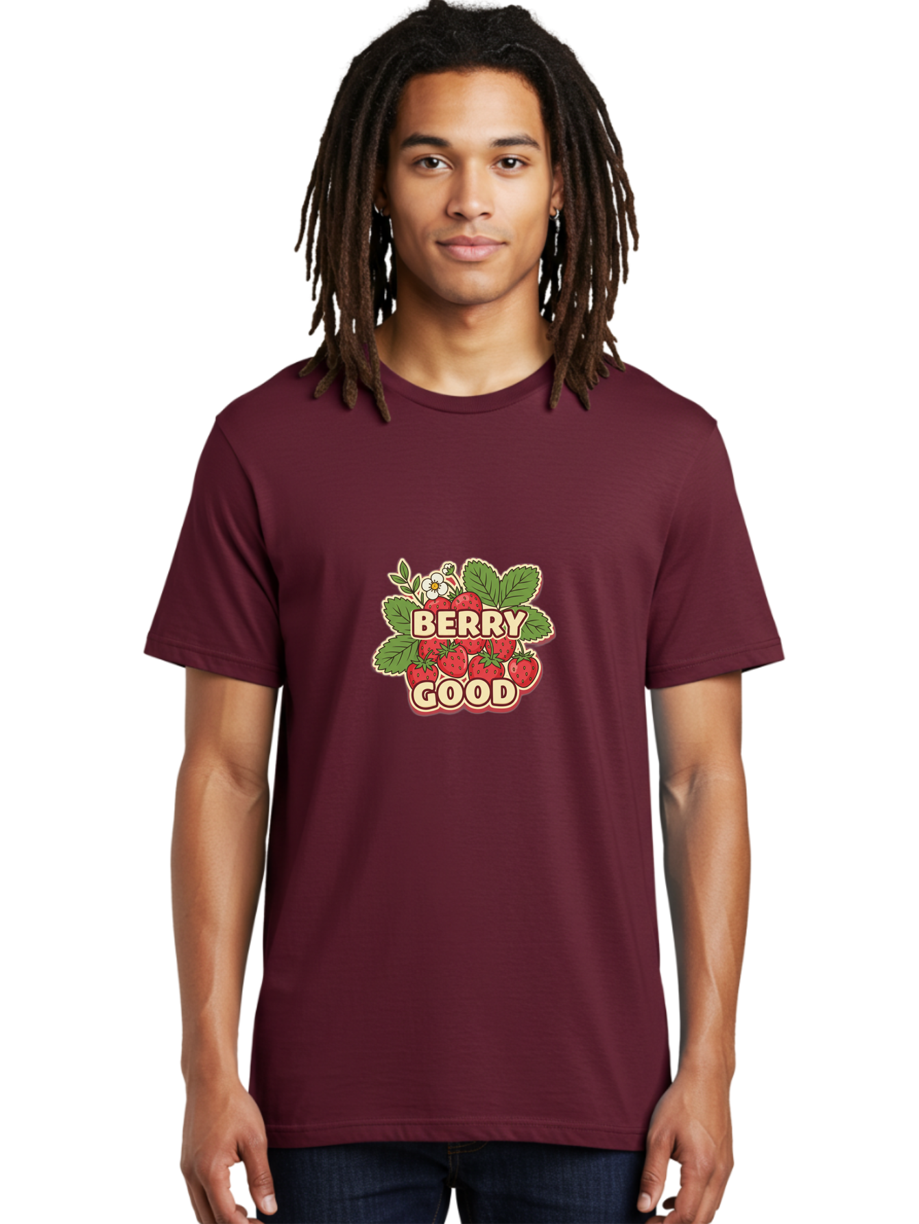 Berry-Good Men'S Graphic Tee, 100% Cotton, Comfortable Casual Summer Wear, Machine Washable, Strawberries, Fresh Fruit, Summer Vibes, Healthy Snack, Sweet Treats, Cartoon Illustration, Green Leaves, White Flowers, Bold Typography, Retro Style Bab677