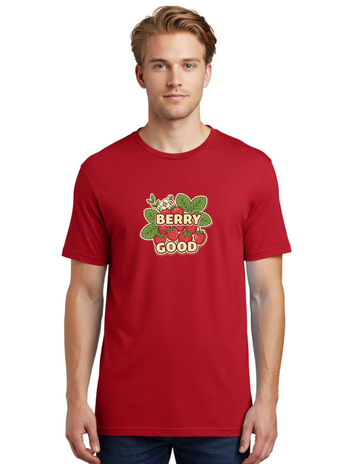 Berry-Good Men'S Graphic Tee, 100% Cotton, Comfortable Casual Summer Wear, Machine Washable, Strawberries, Fresh Fruit, Summer Vibes, Healthy Snack, Sweet Treats, Cartoon Illustration, Green Leaves, White Flowers, Bold Typography, Retro Style Bab677