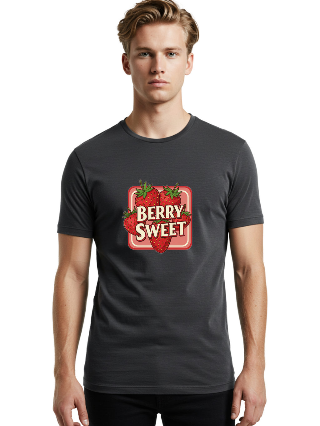Berry-Sweet Men'S Graphic Tee, 100% Cotton, Comfortable Casual Summer Wear, Machine Washable, Strawberry Graphic, Fresh Strawberries, Red Strawberries, Sweet Treats, Dessert Logo, Fruit Illustration, Summer Vibes, Tasty Delights, Bab678