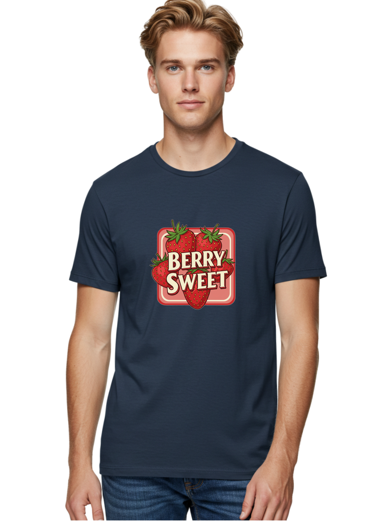Berry-Sweet Men'S Graphic Tee, 100% Cotton, Comfortable Casual Summer Wear, Machine Washable, Strawberry Graphic, Fresh Strawberries, Red Strawberries, Sweet Treats, Dessert Logo, Fruit Illustration, Summer Vibes, Tasty Delights, Bab678