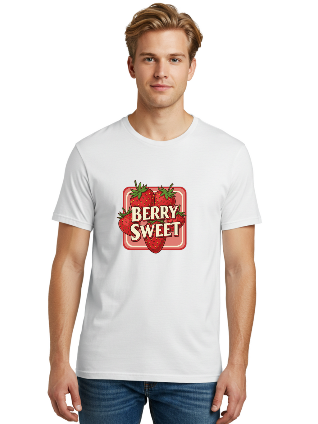 Berry-Sweet Men'S Graphic Tee, 100% Cotton, Comfortable Casual Summer Wear, Machine Washable, Strawberry Graphic, Fresh Strawberries, Red Strawberries, Sweet Treats, Dessert Logo, Fruit Illustration, Summer Vibes, Tasty Delights, Bab678