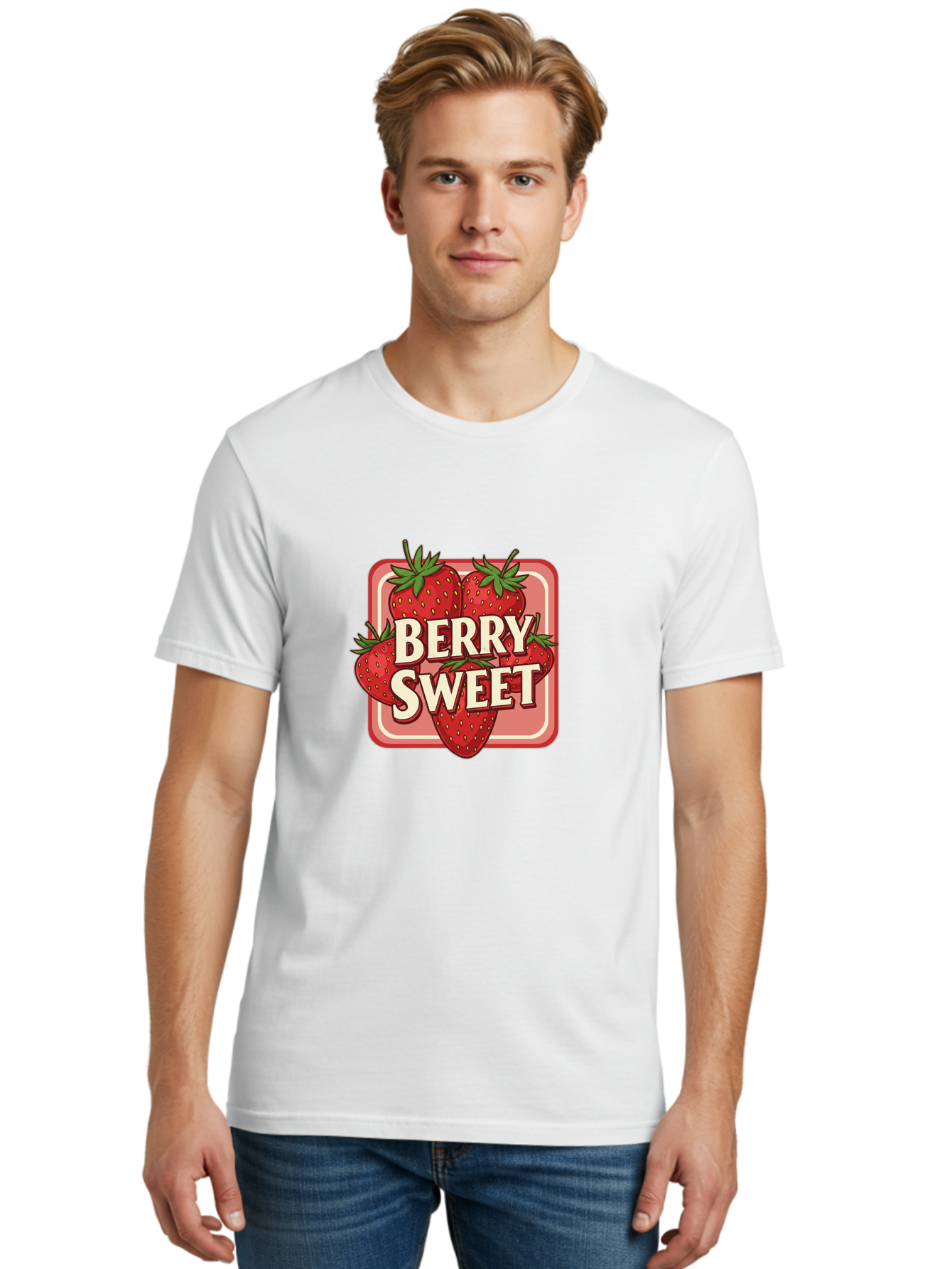 Berry-Sweet Men'S Graphic Tee, 100% Cotton, Comfortable Casual Summer Wear, Machine Washable, Strawberry Graphic, Fresh Strawberries, Red Strawberries, Sweet Treats, Dessert Logo, Fruit Illustration, Summer Vibes, Tasty Delights, Bab678