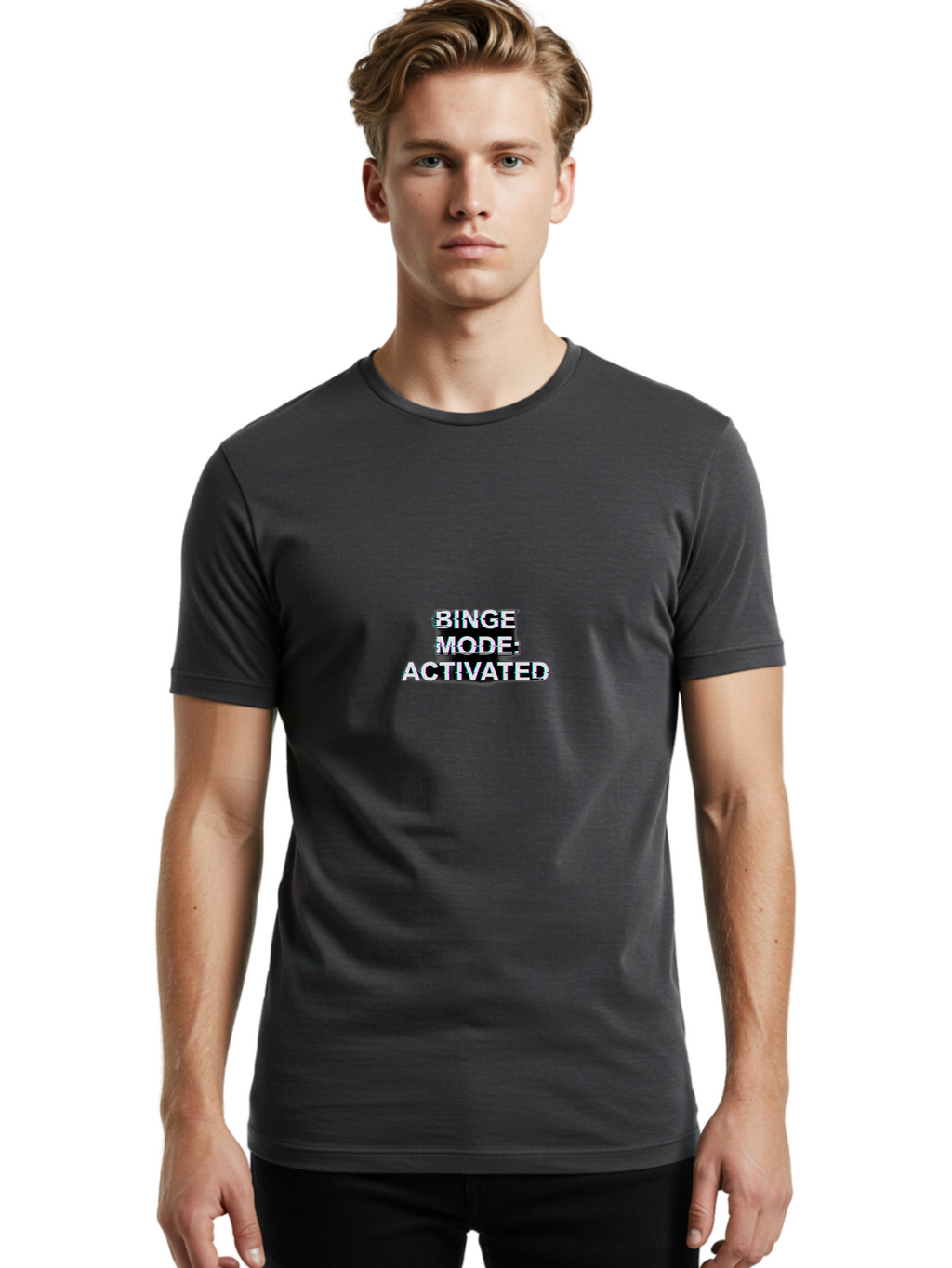 Binge-Mode-Activated-1 Men'S Graphic Tee, 100% Cotton, Comfortable Casual Summer Wear, Machine Washable, Binge Mode, Binge Watching, Activated, Glitch Text, Distorted Font, Grey Text, Pop Culture, Entertainment, Tv Show, Meme Culture, Bab679
