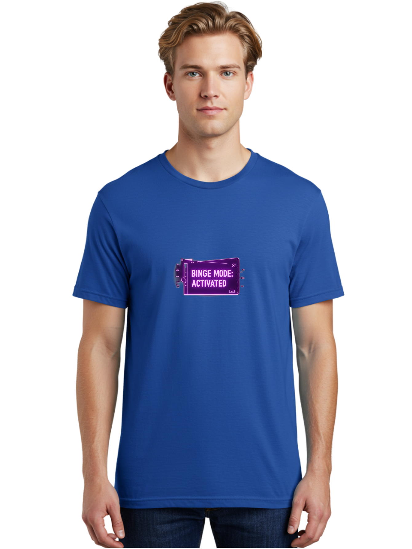 Binge-Mode-Activated-2 Men'S Graphic Tee, 100% Cotton, Comfortable Casual Summer Wear, Machine Washable, Binge Watching, Tv Show Obsession, Streaming Service, Entertainment, Media Consumption, Purple Screen, Electronic Device, Bab680
