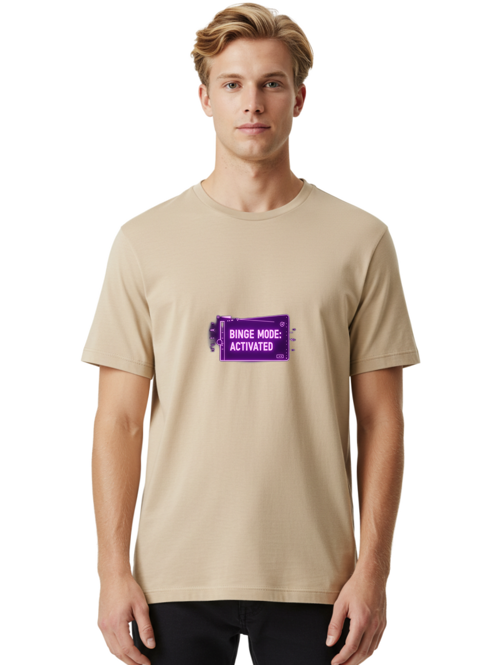 Binge-Mode-Activated-2 Men'S Graphic Tee, 100% Cotton, Comfortable Casual Summer Wear, Machine Washable, Binge Watching, Tv Show Obsession, Streaming Service, Entertainment, Media Consumption, Purple Screen, Electronic Device, Bab680