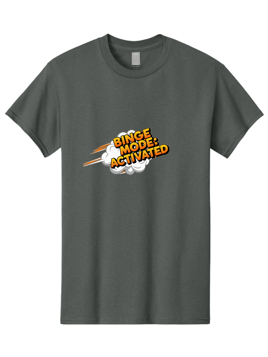 Binge-Mode-Activated-3 Men'S Graphic Tee, 100% Cotton, Comfortable Casual Summer Wear, Machine Washable, Binge Mode: Activated, Comic Book Style, Cartoon Text, Orange Font, Dynamic Motion, White Cloud, Humorous Phrase, Entertainment Mode, Bab681