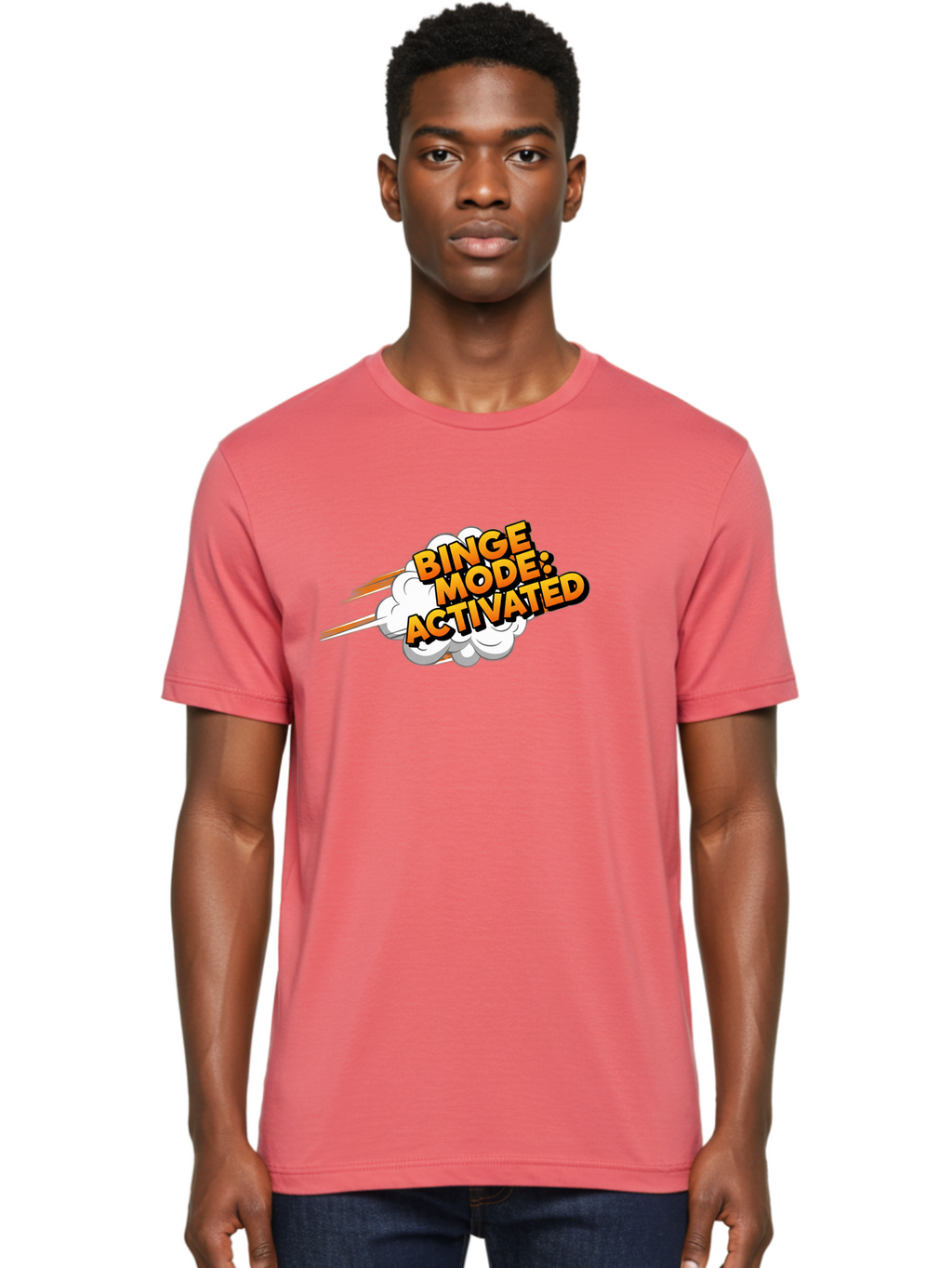 Binge-Mode-Activated-3 Men'S Graphic Tee, 100% Cotton, Comfortable Casual Summer Wear, Machine Washable, Binge Mode: Activated, Comic Book Style, Cartoon Text, Orange Font, Dynamic Motion, White Cloud, Humorous Phrase, Entertainment Mode, Bab681