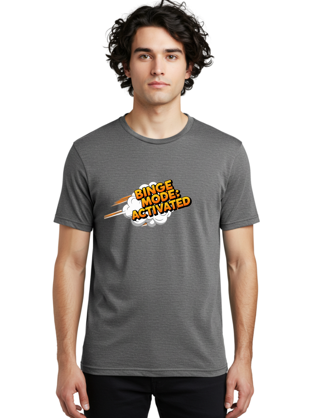Binge-Mode-Activated-3 Men'S Graphic Tee, 100% Cotton, Comfortable Casual Summer Wear, Machine Washable, Binge Mode: Activated, Comic Book Style, Cartoon Text, Orange Font, Dynamic Motion, White Cloud, Humorous Phrase, Entertainment Mode, Bab681