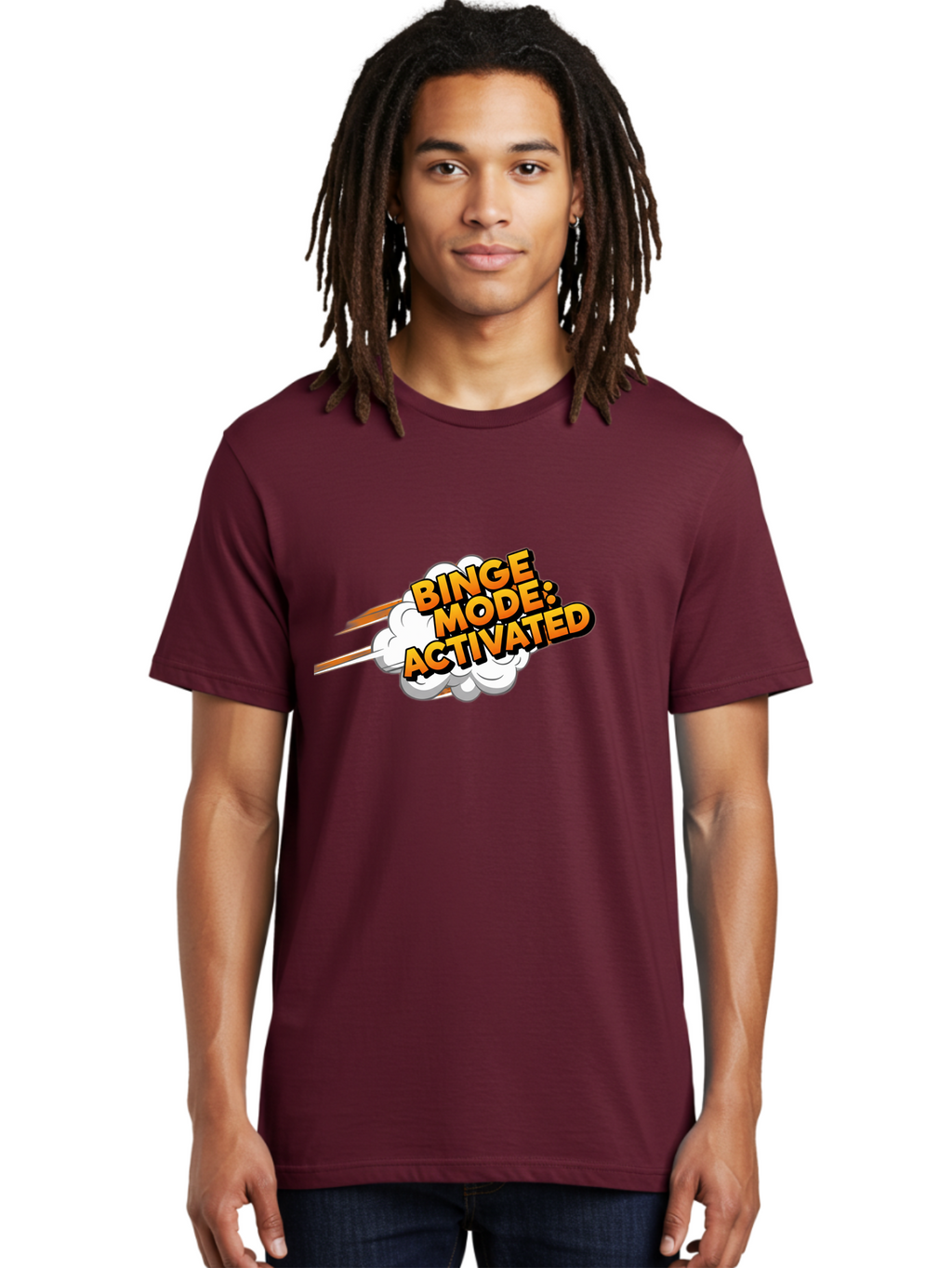 Binge-Mode-Activated-3 Men'S Graphic Tee, 100% Cotton, Comfortable Casual Summer Wear, Machine Washable, Binge Mode: Activated, Comic Book Style, Cartoon Text, Orange Font, Dynamic Motion, White Cloud, Humorous Phrase, Entertainment Mode, Bab681