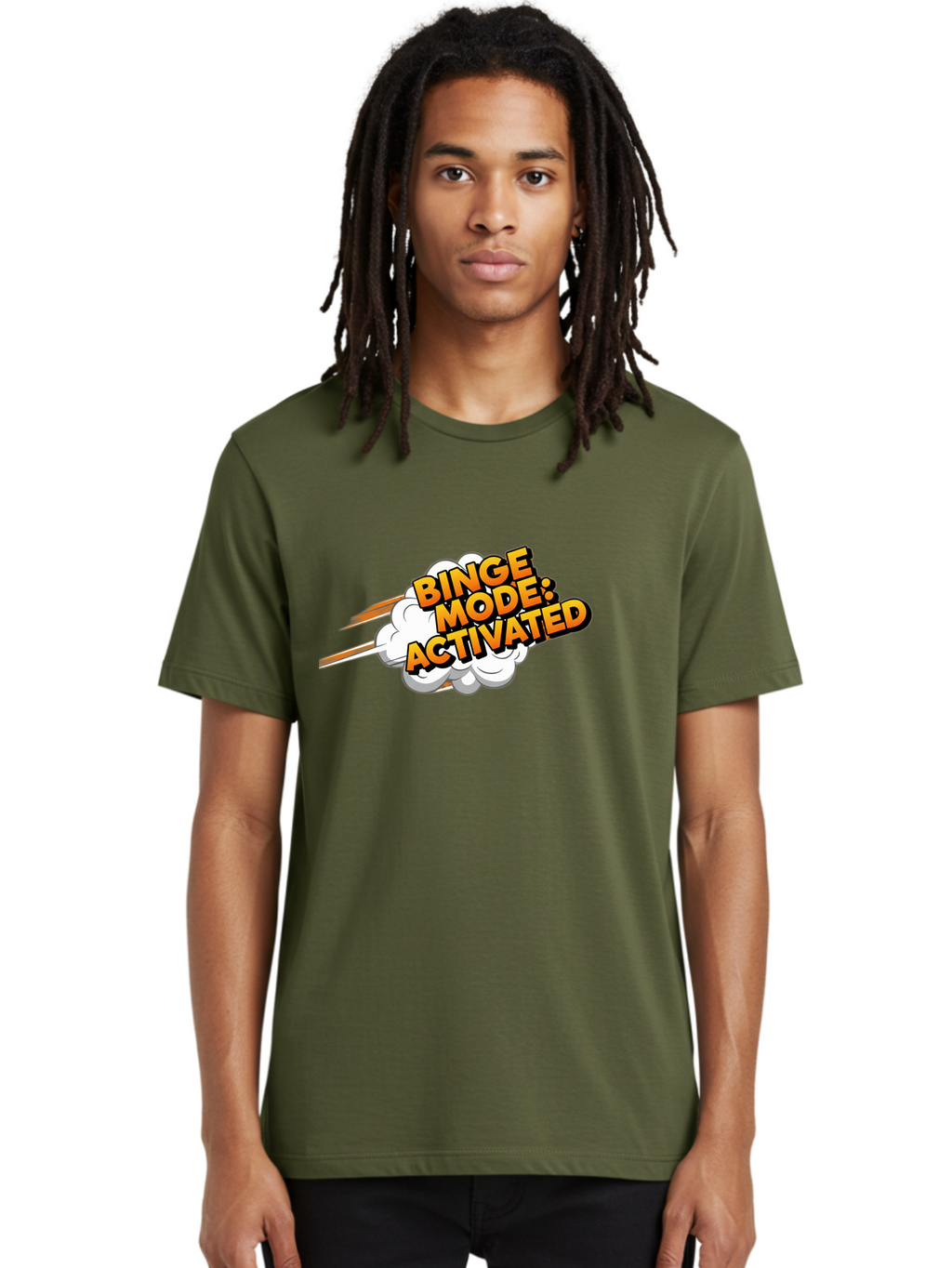 Binge-Mode-Activated-3 Men'S Graphic Tee, 100% Cotton, Comfortable Casual Summer Wear, Machine Washable, Binge Mode: Activated, Comic Book Style, Cartoon Text, Orange Font, Dynamic Motion, White Cloud, Humorous Phrase, Entertainment Mode, Bab681