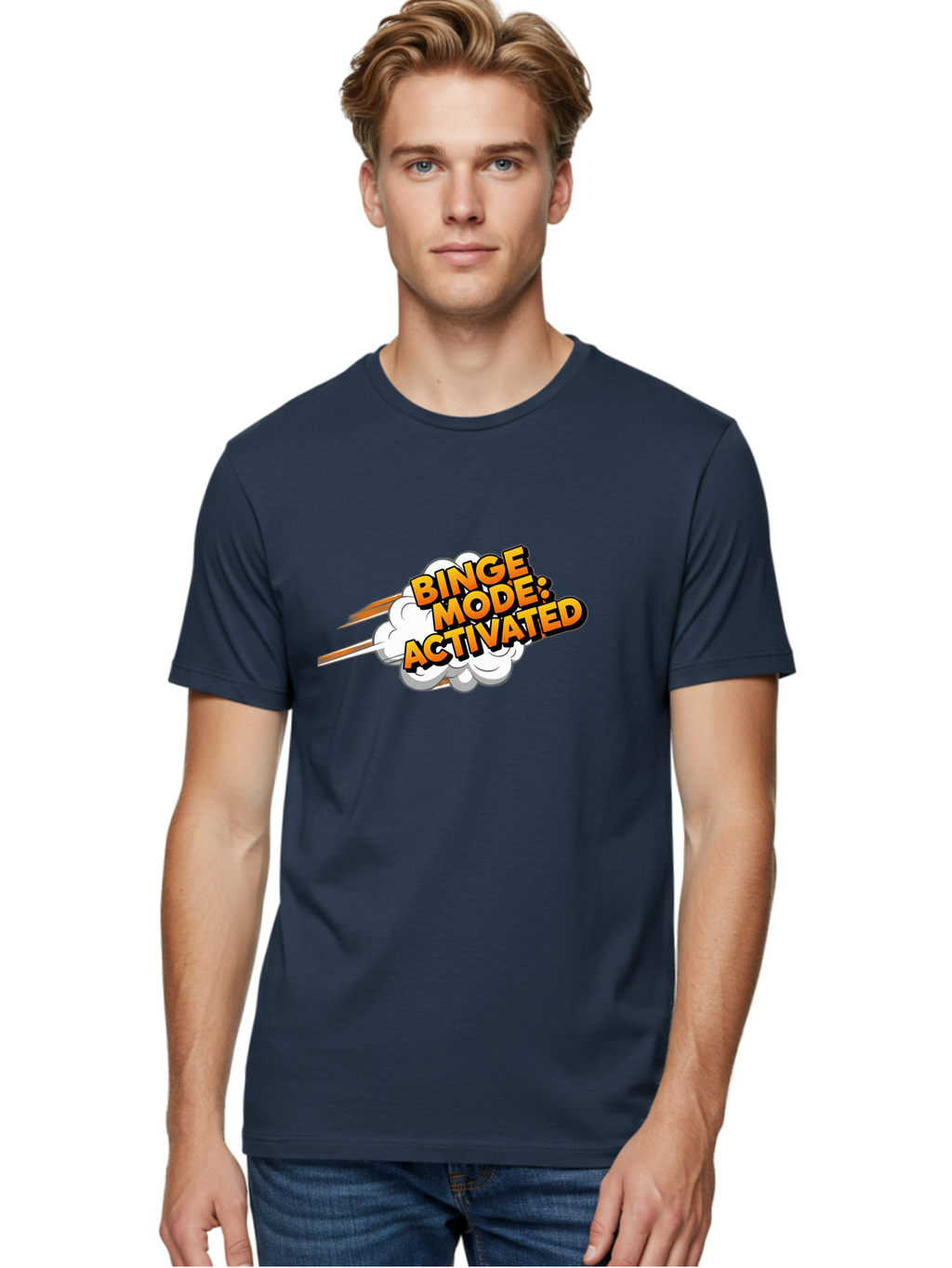 Binge-Mode-Activated-3 Men'S Graphic Tee, 100% Cotton, Comfortable Casual Summer Wear, Machine Washable, Binge Mode: Activated, Comic Book Style, Cartoon Text, Orange Font, Dynamic Motion, White Cloud, Humorous Phrase, Entertainment Mode, Bab681