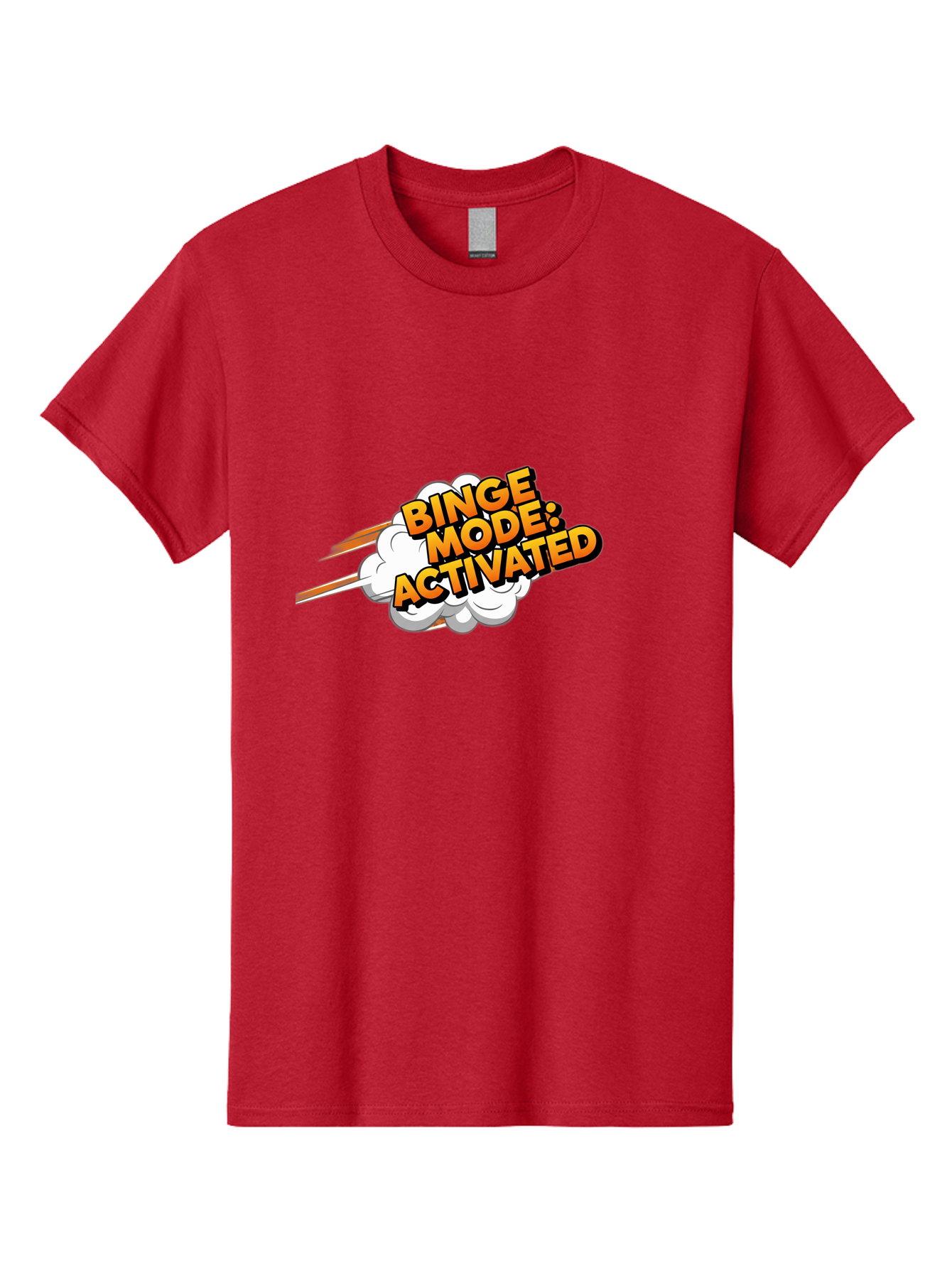 Binge-Mode-Activated-3 Men'S Graphic Tee, 100% Cotton, Comfortable Casual Summer Wear, Machine Washable, Binge Mode: Activated, Comic Book Style, Cartoon Text, Orange Font, Dynamic Motion, White Cloud, Humorous Phrase, Entertainment Mode, Bab681