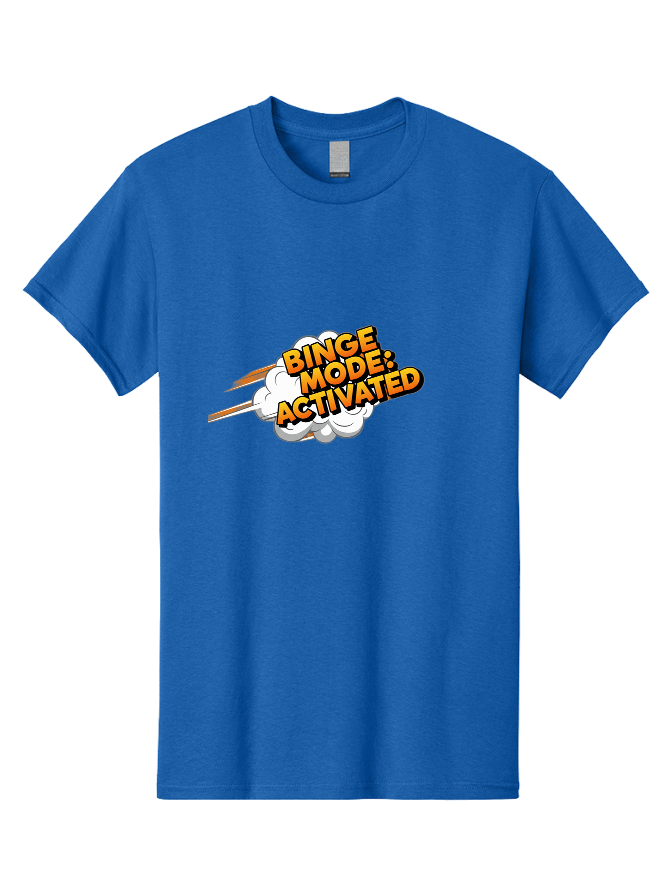 Binge-Mode-Activated-3 Men'S Graphic Tee, 100% Cotton, Comfortable Casual Summer Wear, Machine Washable, Binge Mode: Activated, Comic Book Style, Cartoon Text, Orange Font, Dynamic Motion, White Cloud, Humorous Phrase, Entertainment Mode, Bab681