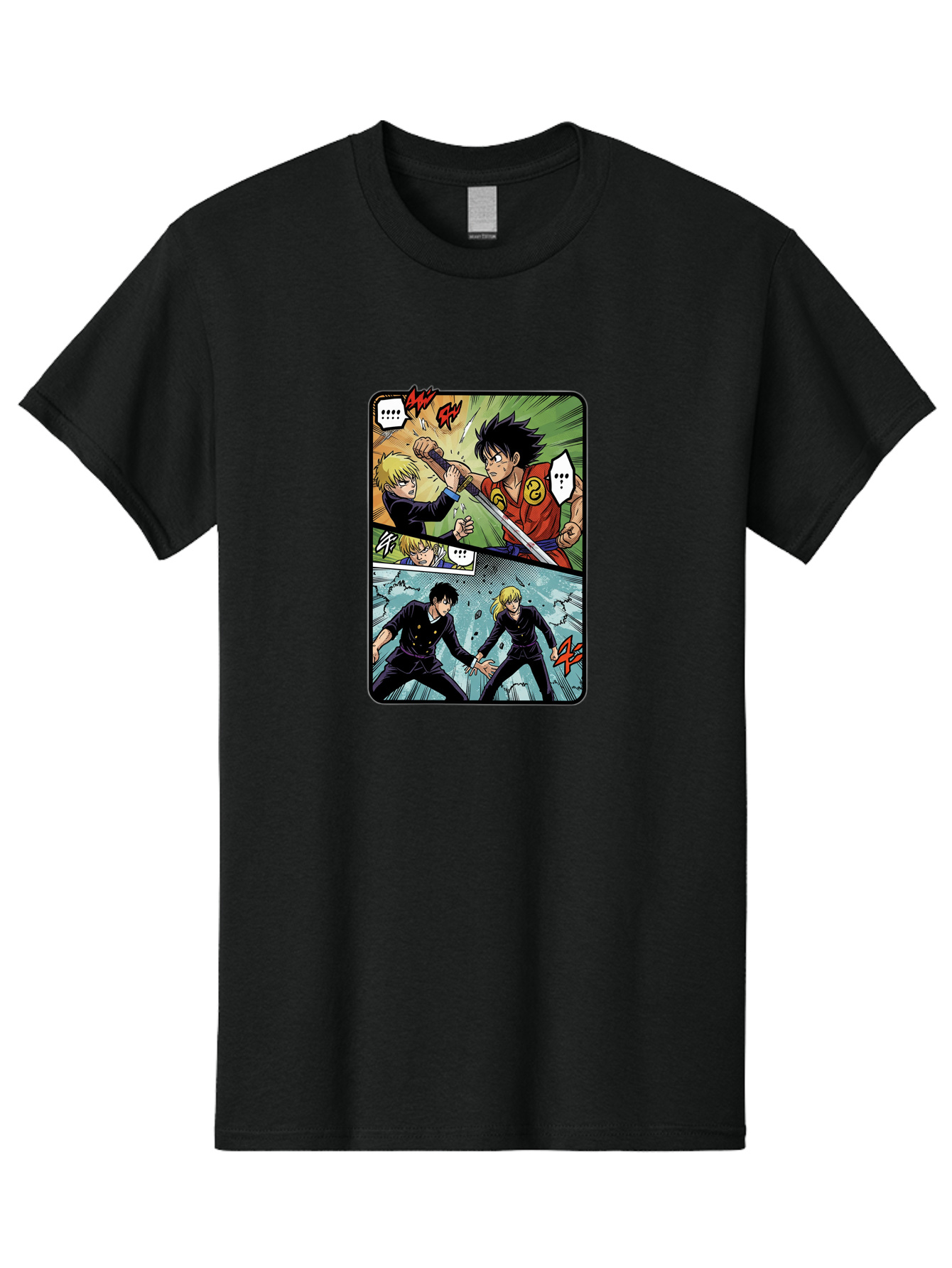 Black-And-Blonde-Anime-Boys-Fighting Men'S Graphic Tee, 100% Cotton, Comfortable Casual Summer Wear, Machine Washable, Anime Comic Strip, Action Scene, Asta And Licht Fight, Dramatic Poses, Dynamic Movement, Intense Battle, Manga Style, Bab683