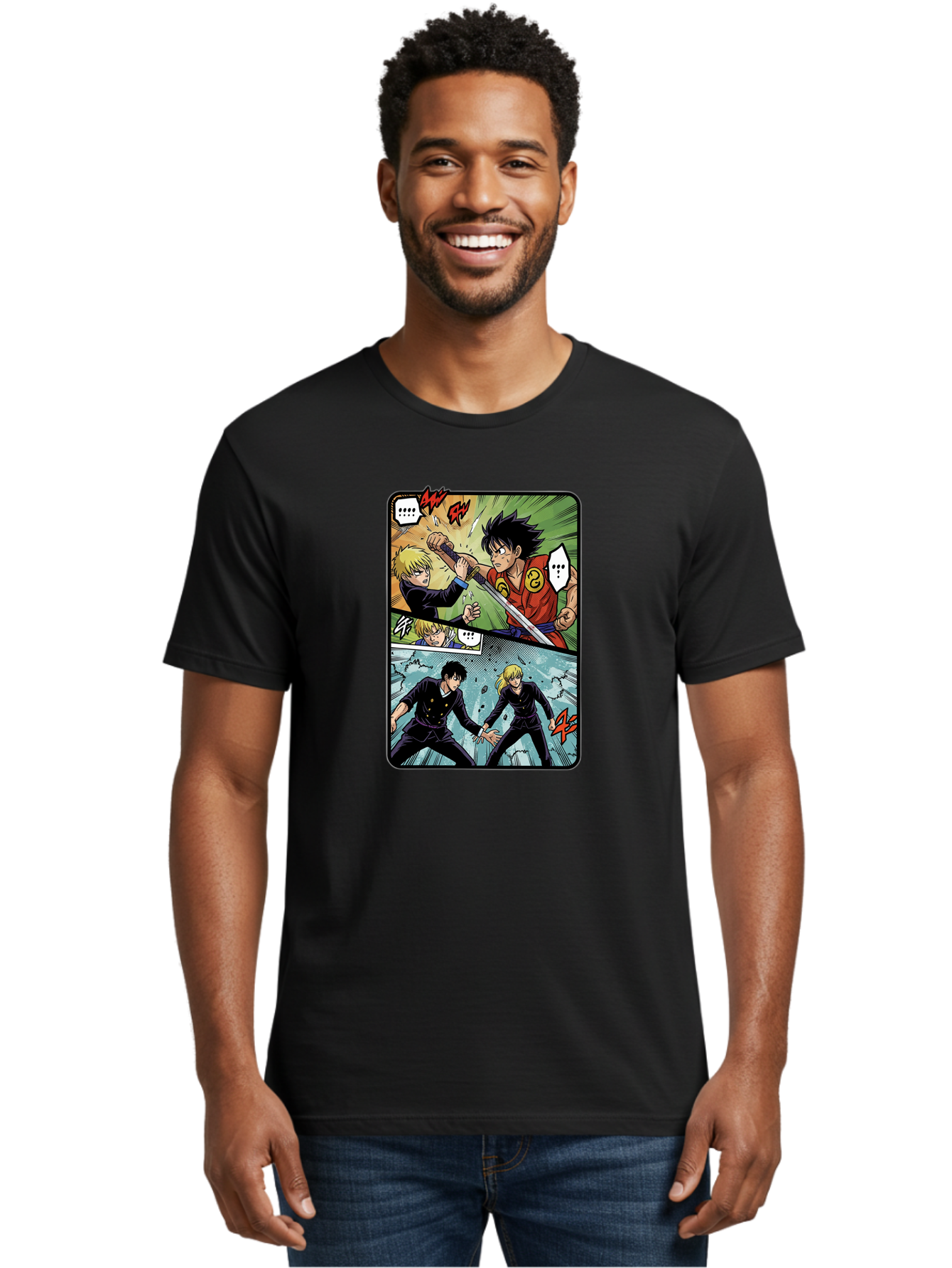 Black-And-Blonde-Anime-Boys-Fighting Men'S Graphic Tee, 100% Cotton, Comfortable Casual Summer Wear, Machine Washable, Anime Comic Strip, Action Scene, Asta And Licht Fight, Dramatic Poses, Dynamic Movement, Intense Battle, Manga Style, Bab683