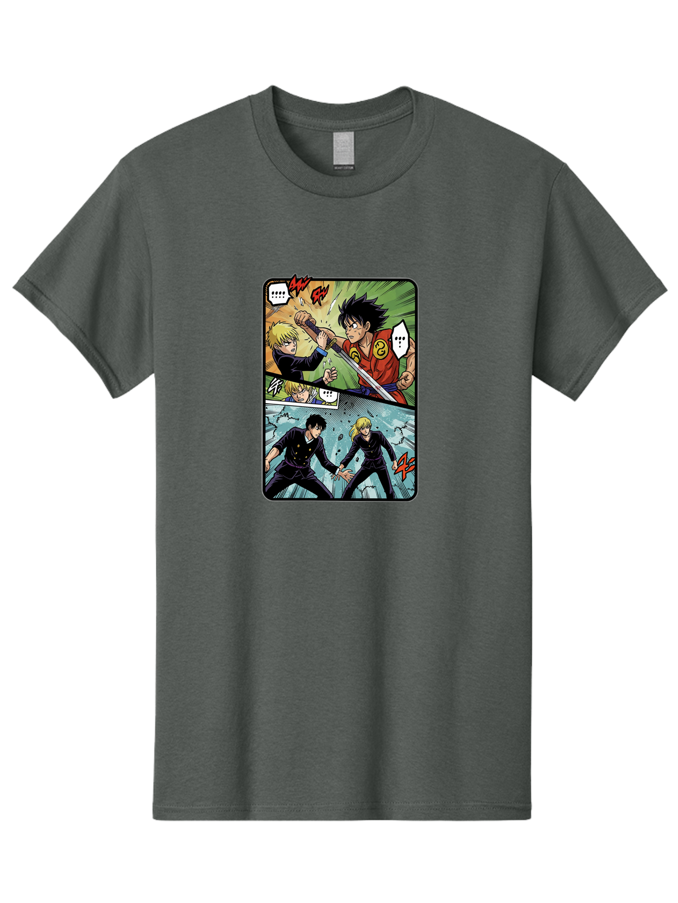 Black-And-Blonde-Anime-Boys-Fighting Men'S Graphic Tee, 100% Cotton, Comfortable Casual Summer Wear, Machine Washable, Anime Comic Strip, Action Scene, Asta And Licht Fight, Dramatic Poses, Dynamic Movement, Intense Battle, Manga Style, Bab683
