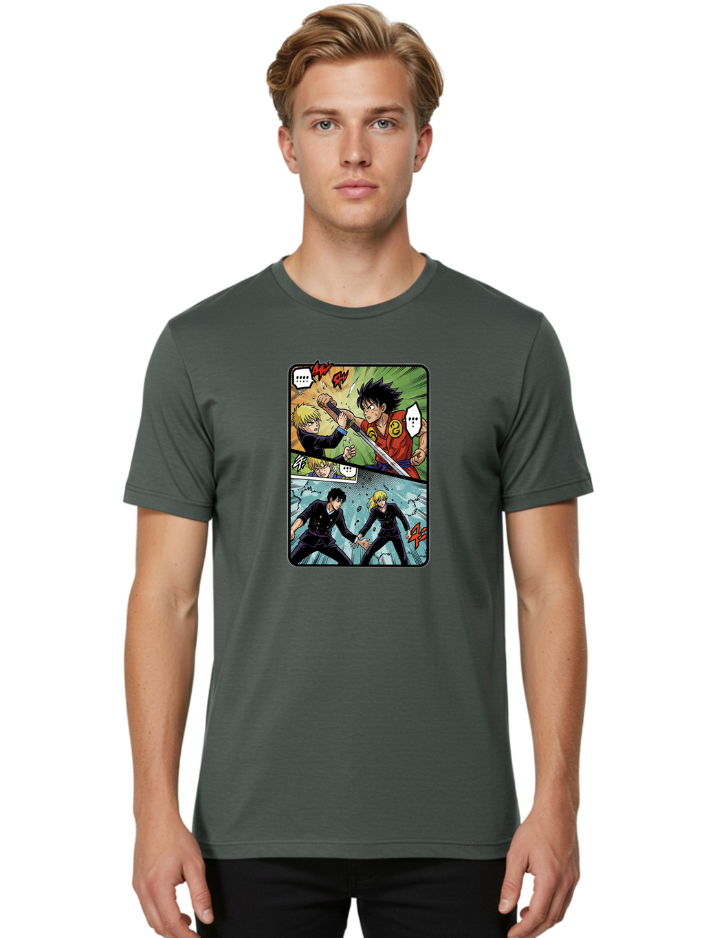 Black-And-Blonde-Anime-Boys-Fighting Men'S Graphic Tee, 100% Cotton, Comfortable Casual Summer Wear, Machine Washable, Anime Comic Strip, Action Scene, Asta And Licht Fight, Dramatic Poses, Dynamic Movement, Intense Battle, Manga Style, Bab683