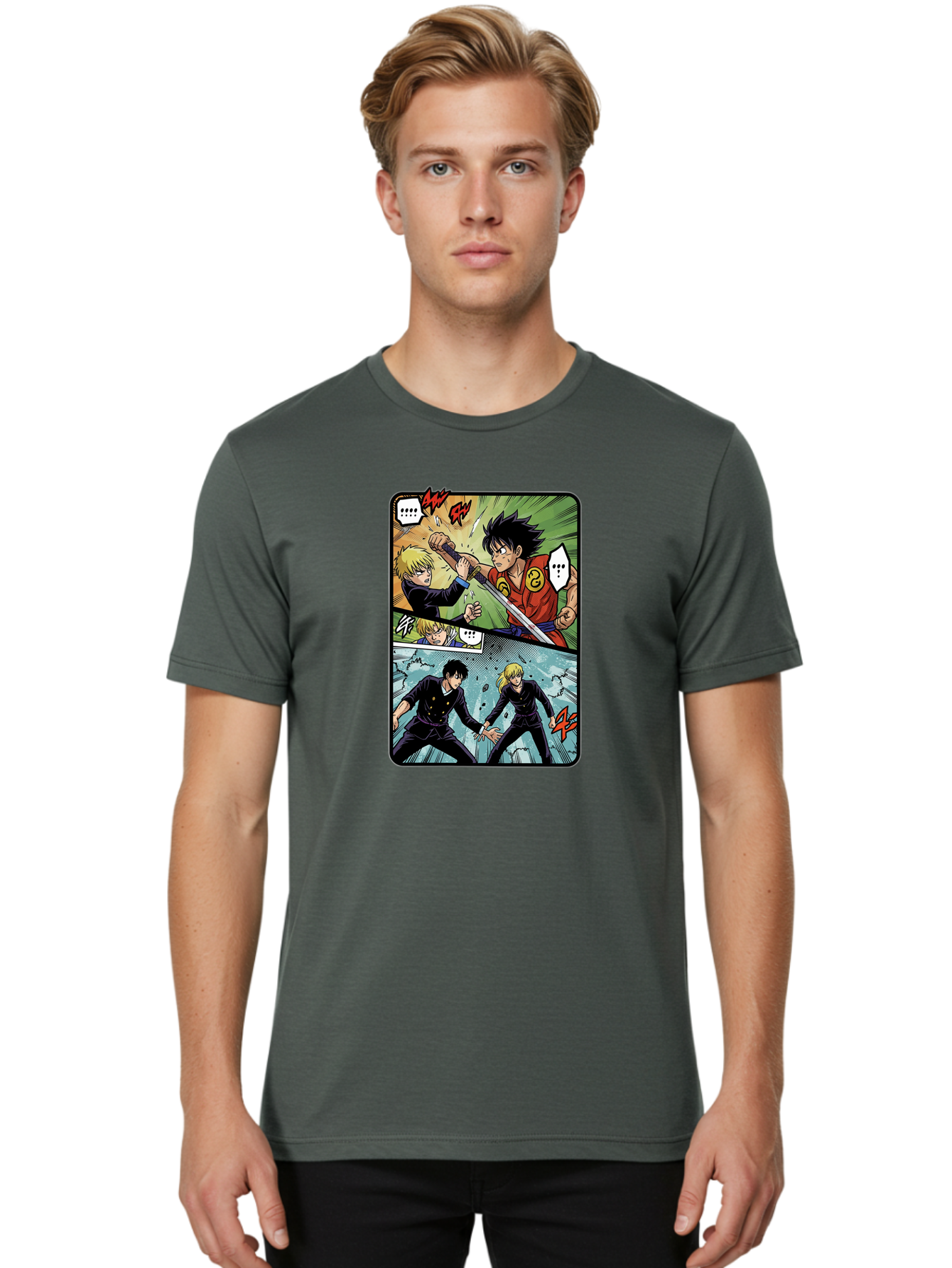 Black-And-Blonde-Anime-Boys-Fighting Men'S Graphic Tee, 100% Cotton, Comfortable Casual Summer Wear, Machine Washable, Anime Comic Strip, Action Scene, Asta And Licht Fight, Dramatic Poses, Dynamic Movement, Intense Battle, Manga Style, Bab683