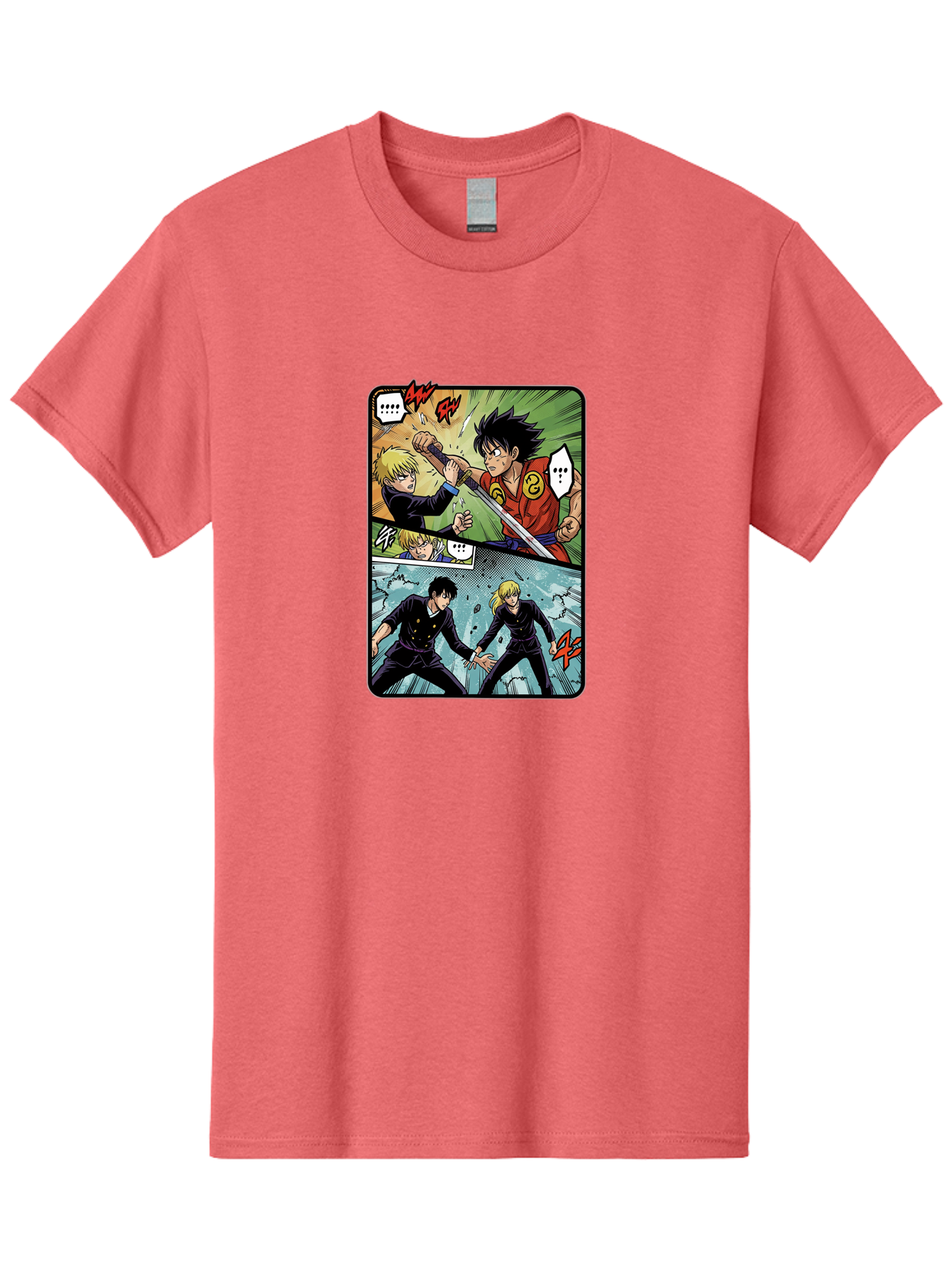 Black-And-Blonde-Anime-Boys-Fighting Men'S Graphic Tee, 100% Cotton, Comfortable Casual Summer Wear, Machine Washable, Anime Comic Strip, Action Scene, Asta And Licht Fight, Dramatic Poses, Dynamic Movement, Intense Battle, Manga Style, Bab683