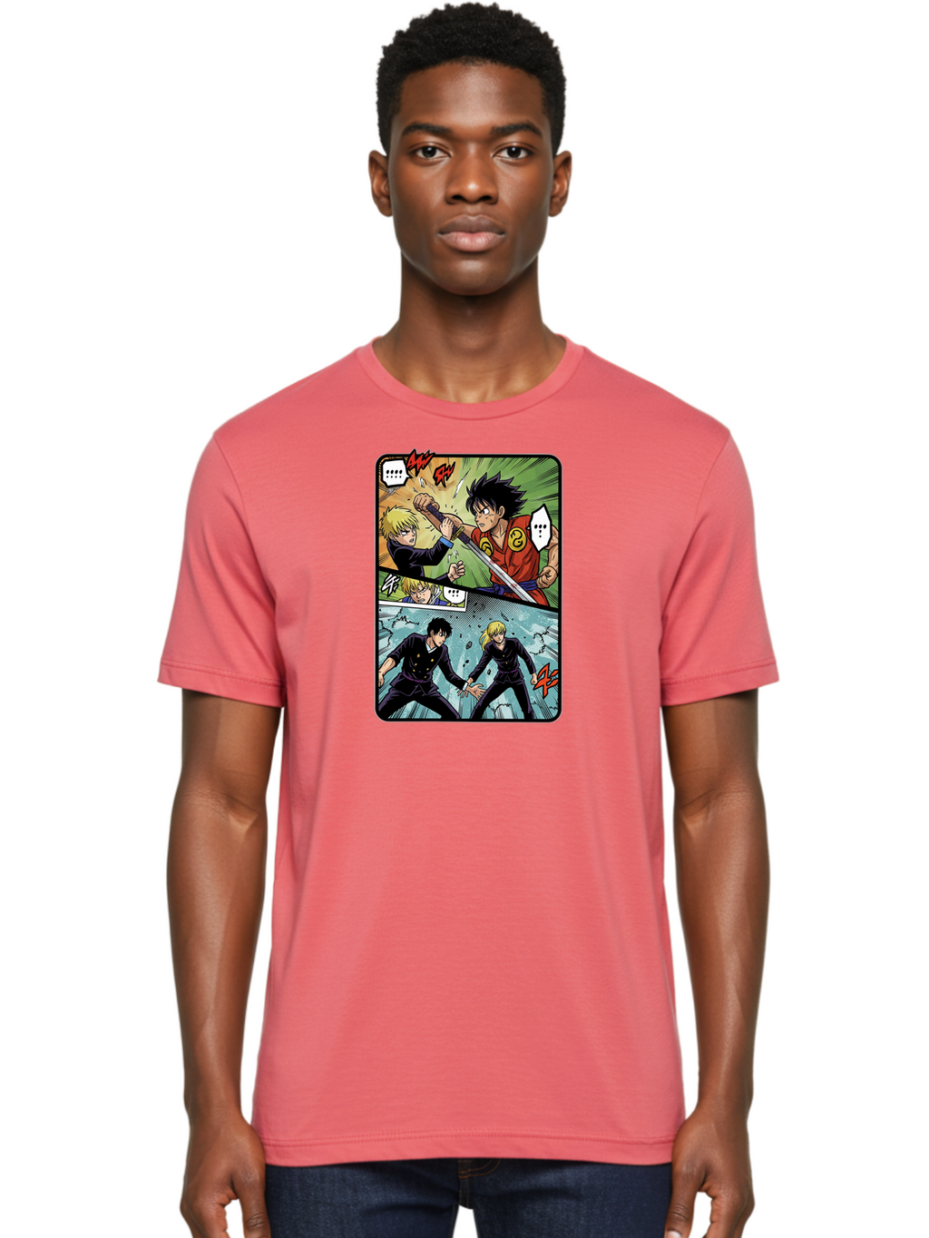 Black-And-Blonde-Anime-Boys-Fighting Men'S Graphic Tee, 100% Cotton, Comfortable Casual Summer Wear, Machine Washable, Anime Comic Strip, Action Scene, Asta And Licht Fight, Dramatic Poses, Dynamic Movement, Intense Battle, Manga Style, Bab683